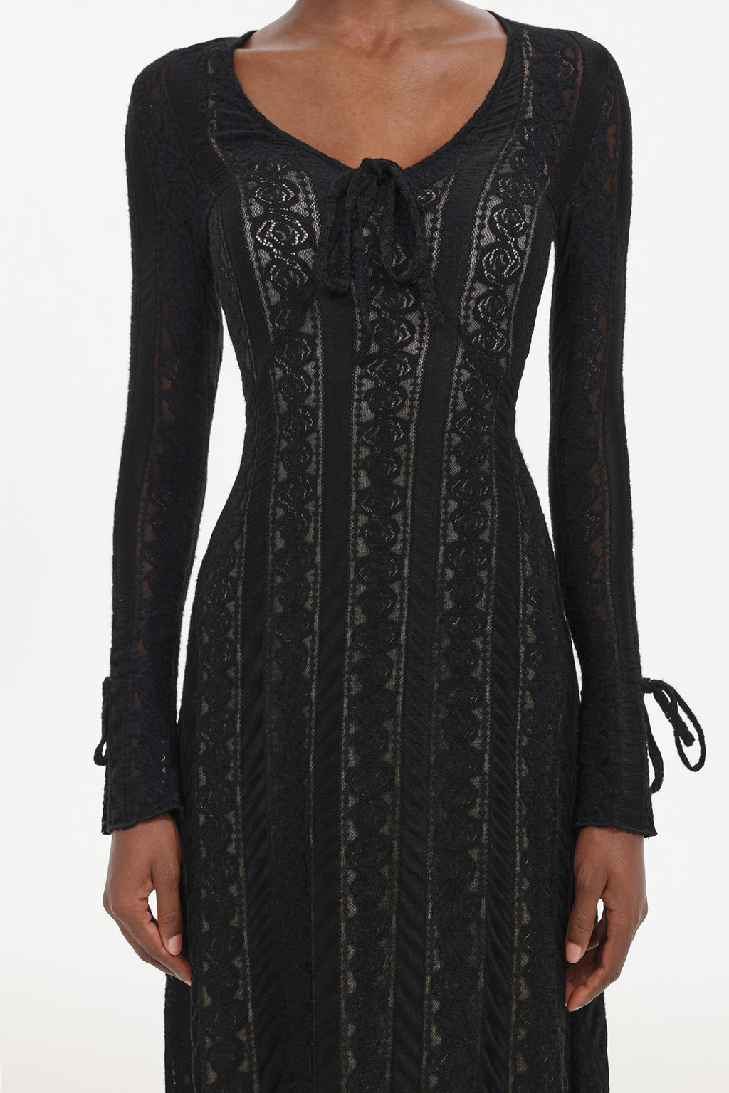 Katya Romantic Contour Long Sleeve Bow Lace Black Maxi Dress	