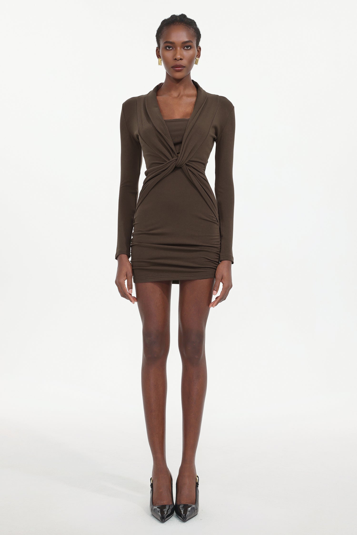 Elleri Elegant Contour Long Sleeve Twist Knit Mini Dress	