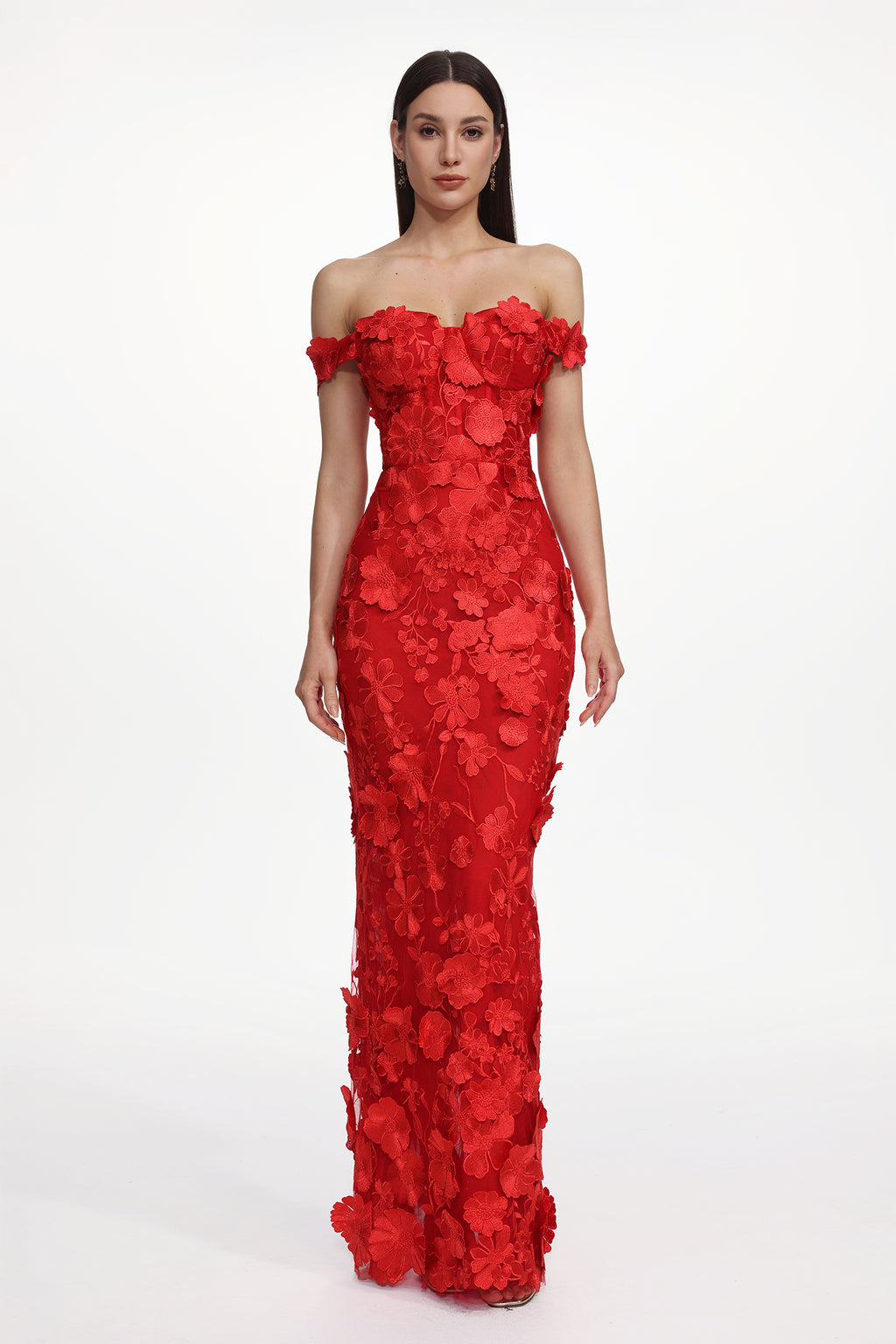 Romantic Tailored Off Shoulder Floral Embroidered Maxi Dress	