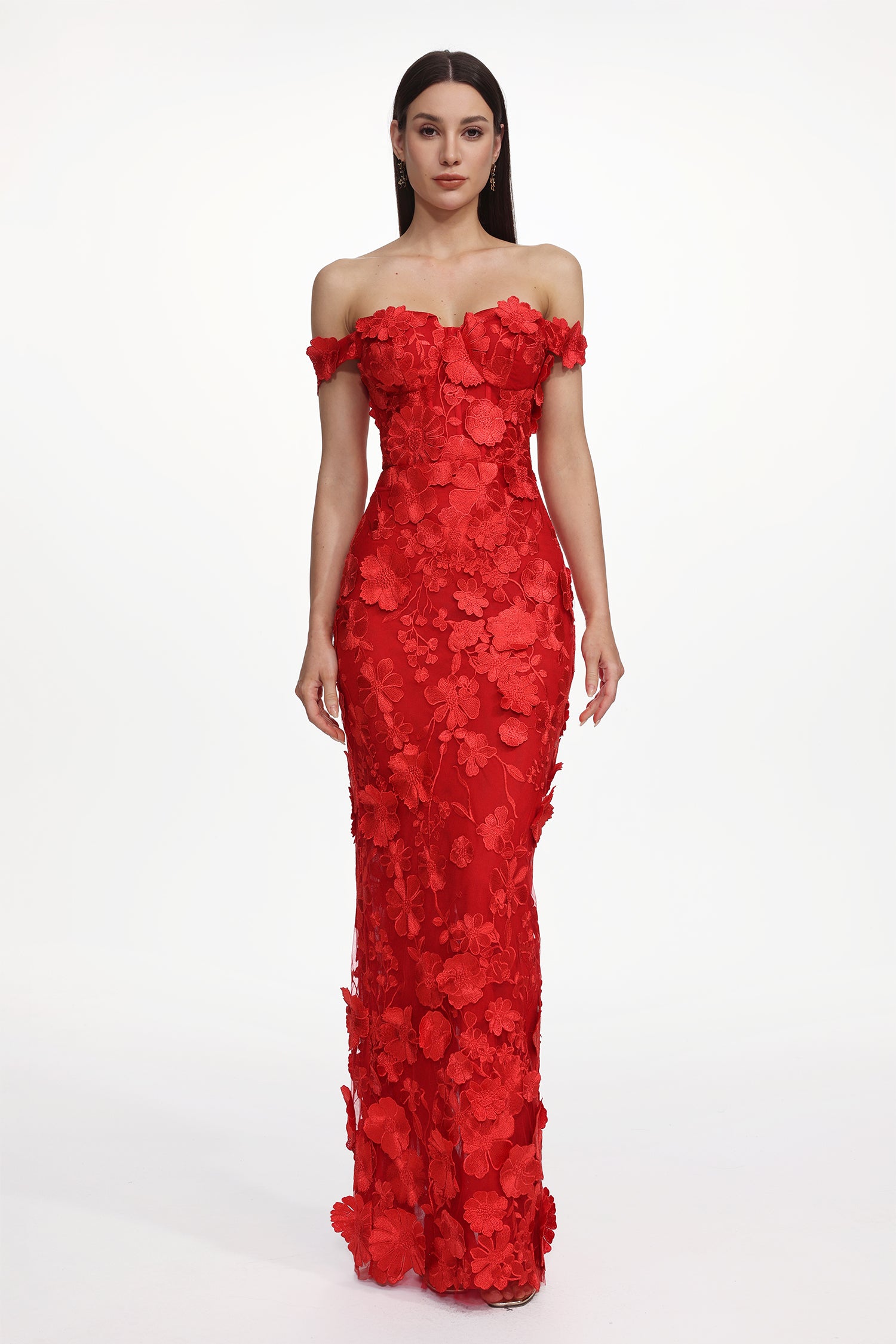 Romantic Tailored Off Shoulder Floral Embroidered Maxi Dress	