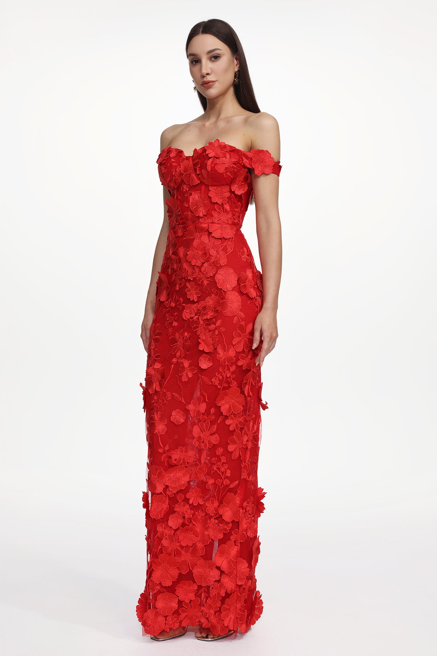 Romantic Tailored Off Shoulder Floral Embroidered Maxi Dress	