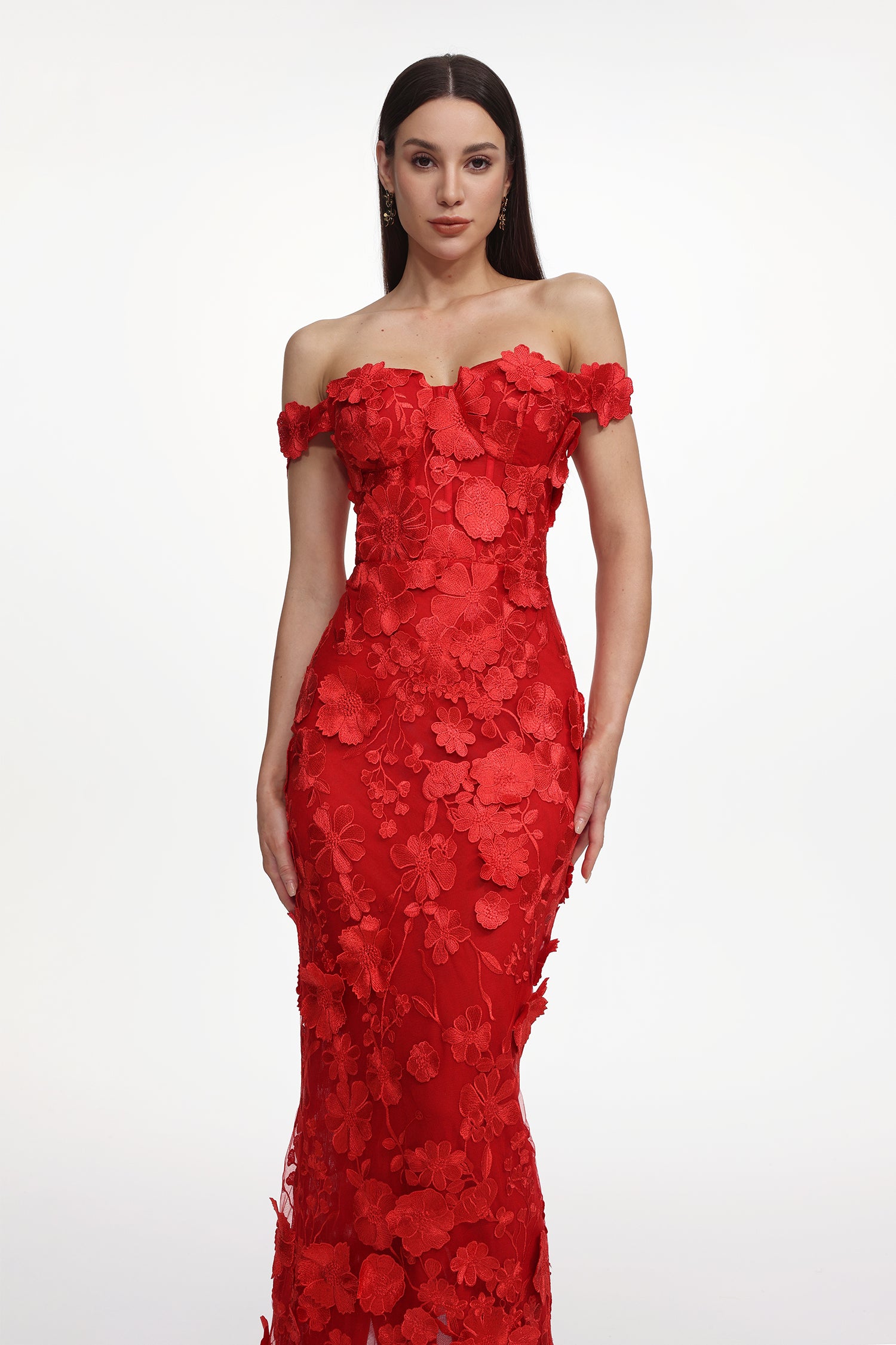 Romantic Tailored Off Shoulder Floral Embroidered Maxi Dress	