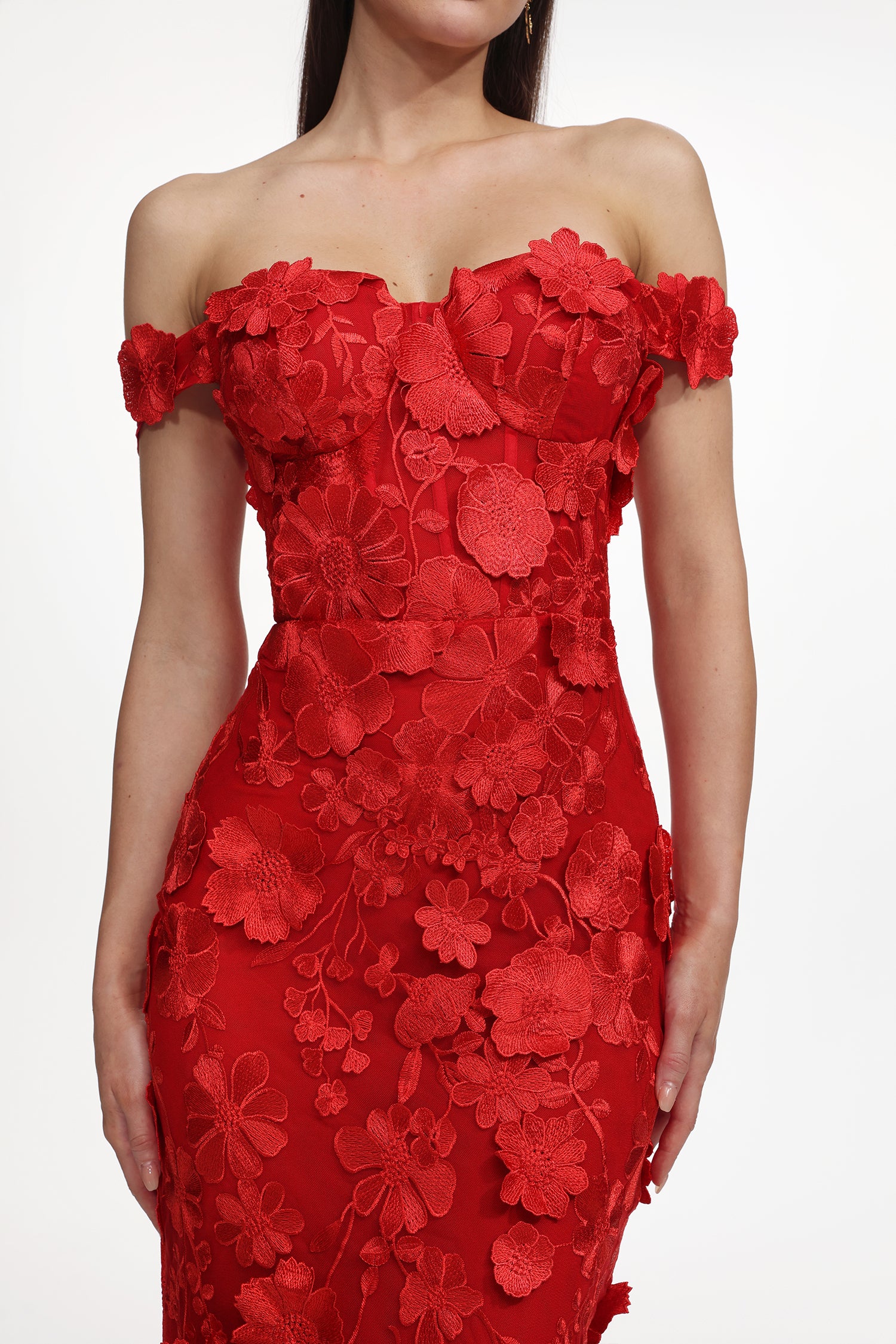 Romantic Tailored Off Shoulder Floral Embroidered Maxi Dress	