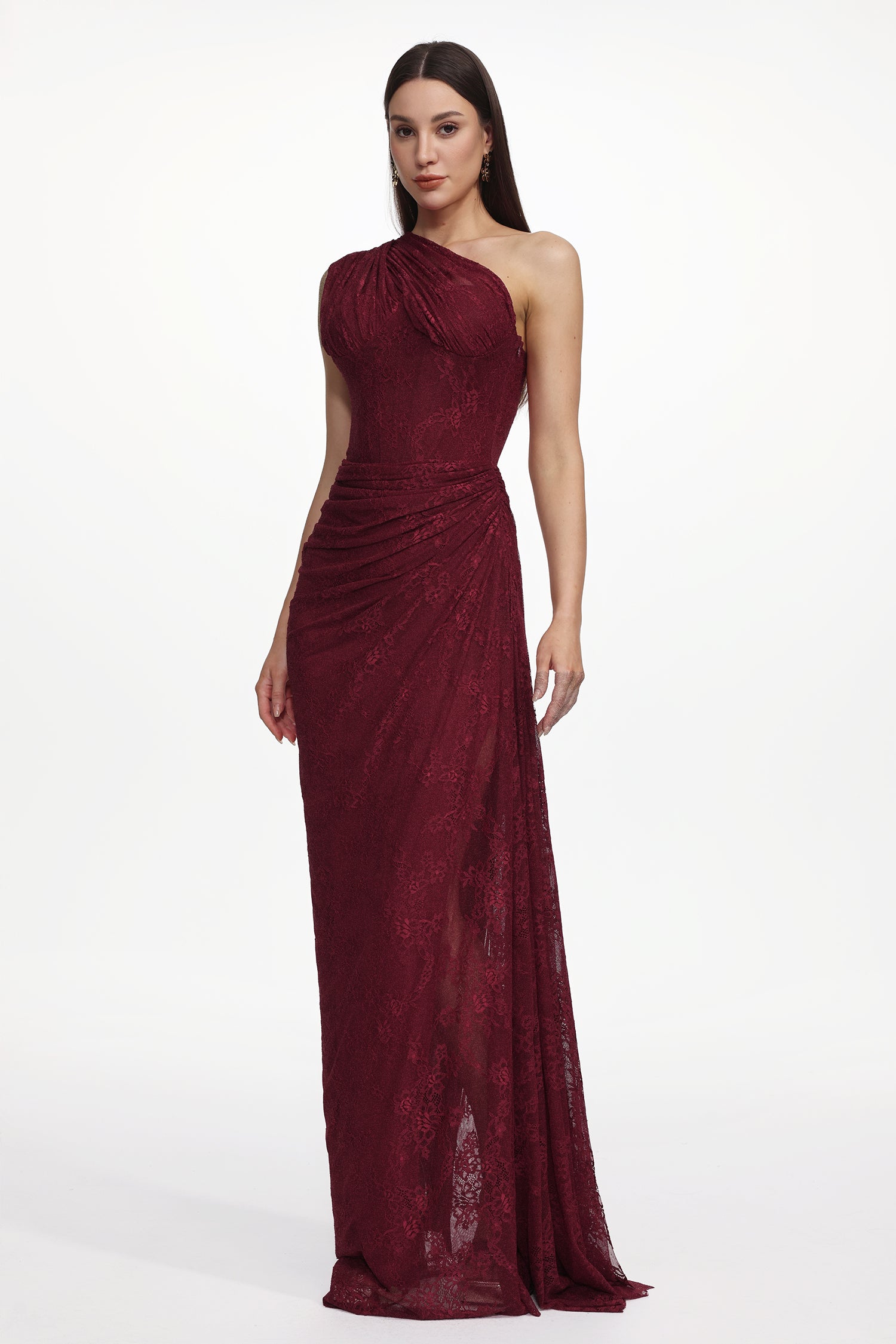 Finch Romantic Contour Sleeveless Ruched Lace Knit Maxi Dress	