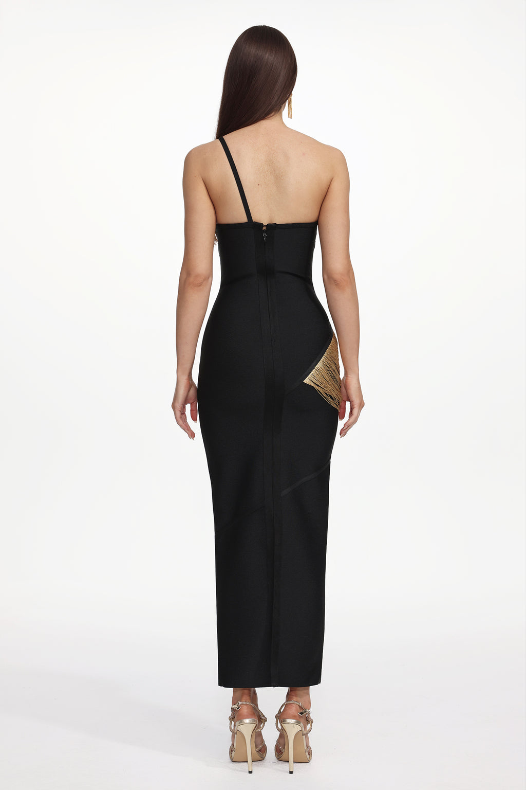 Roanna One Shoulder Sleeveless Golden Tassels Bandage Maxi Dress	