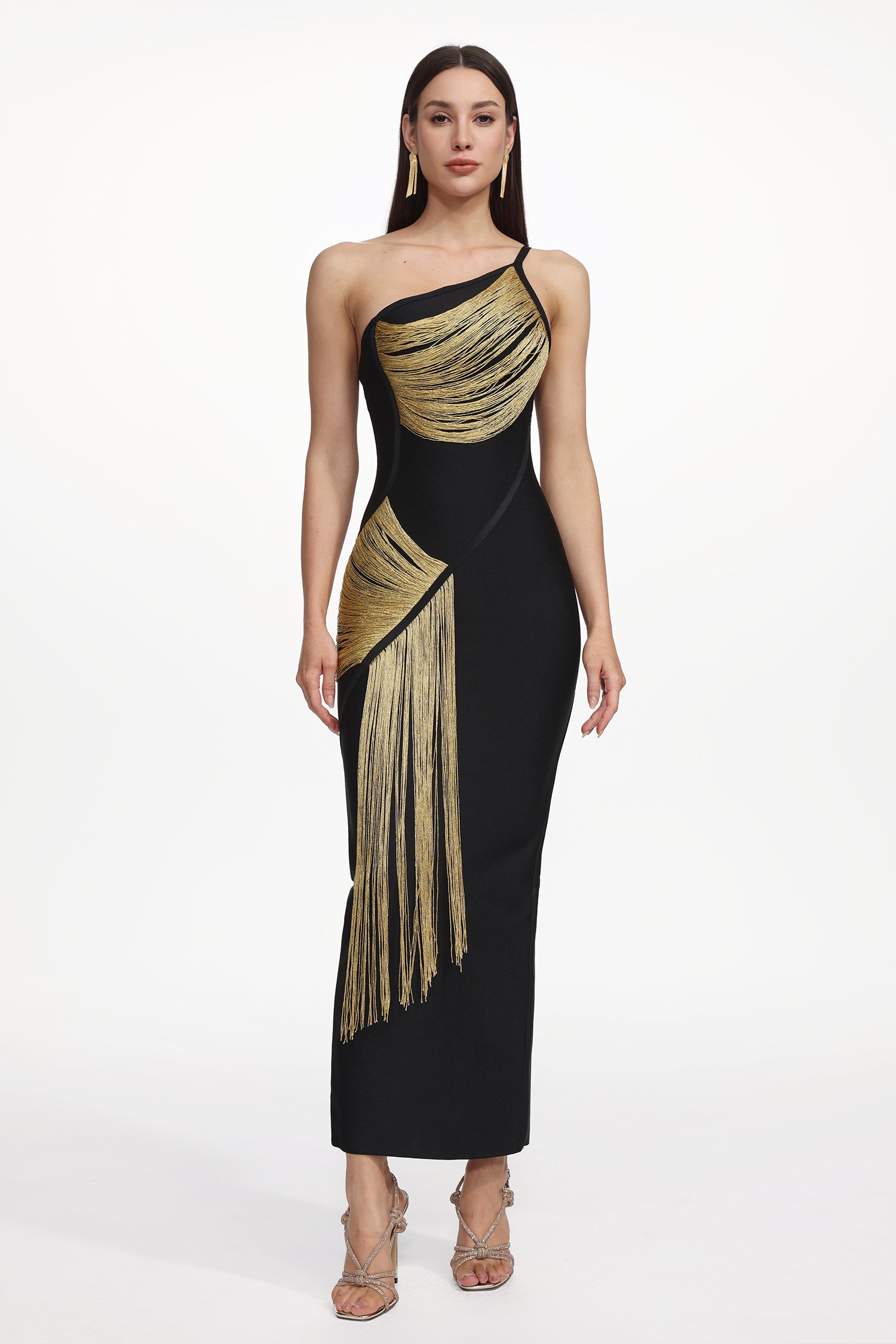 Roanna One Shoulder Sleeveless Golden Tassels Bandage Maxi Dress	