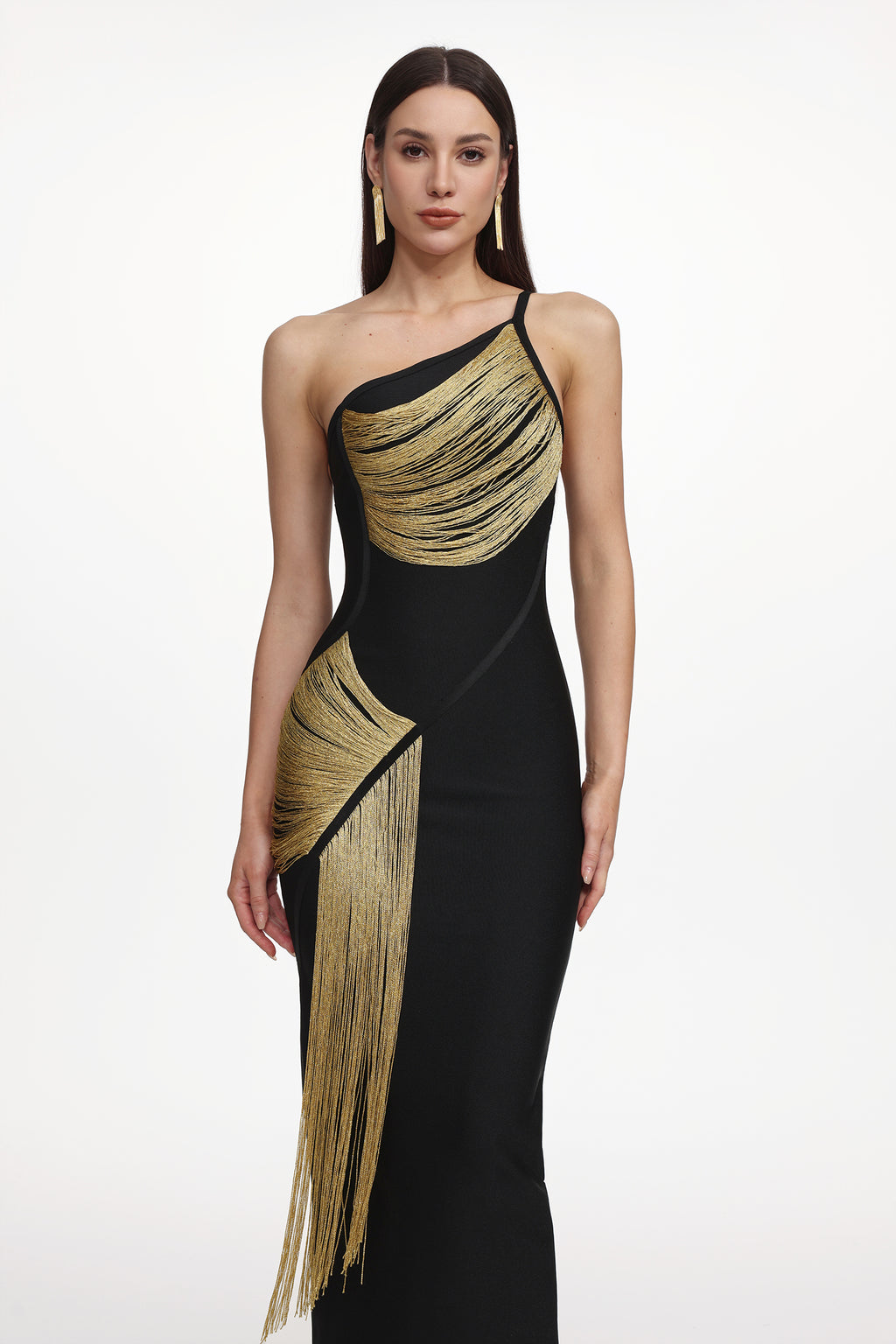Roanna One Shoulder Sleeveless Golden Tassels Bandage Maxi Dress	