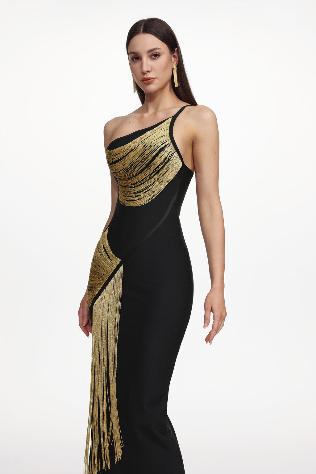 Roanna One Shoulder Sleeveless Golden Tassels Bandage Maxi Dress	