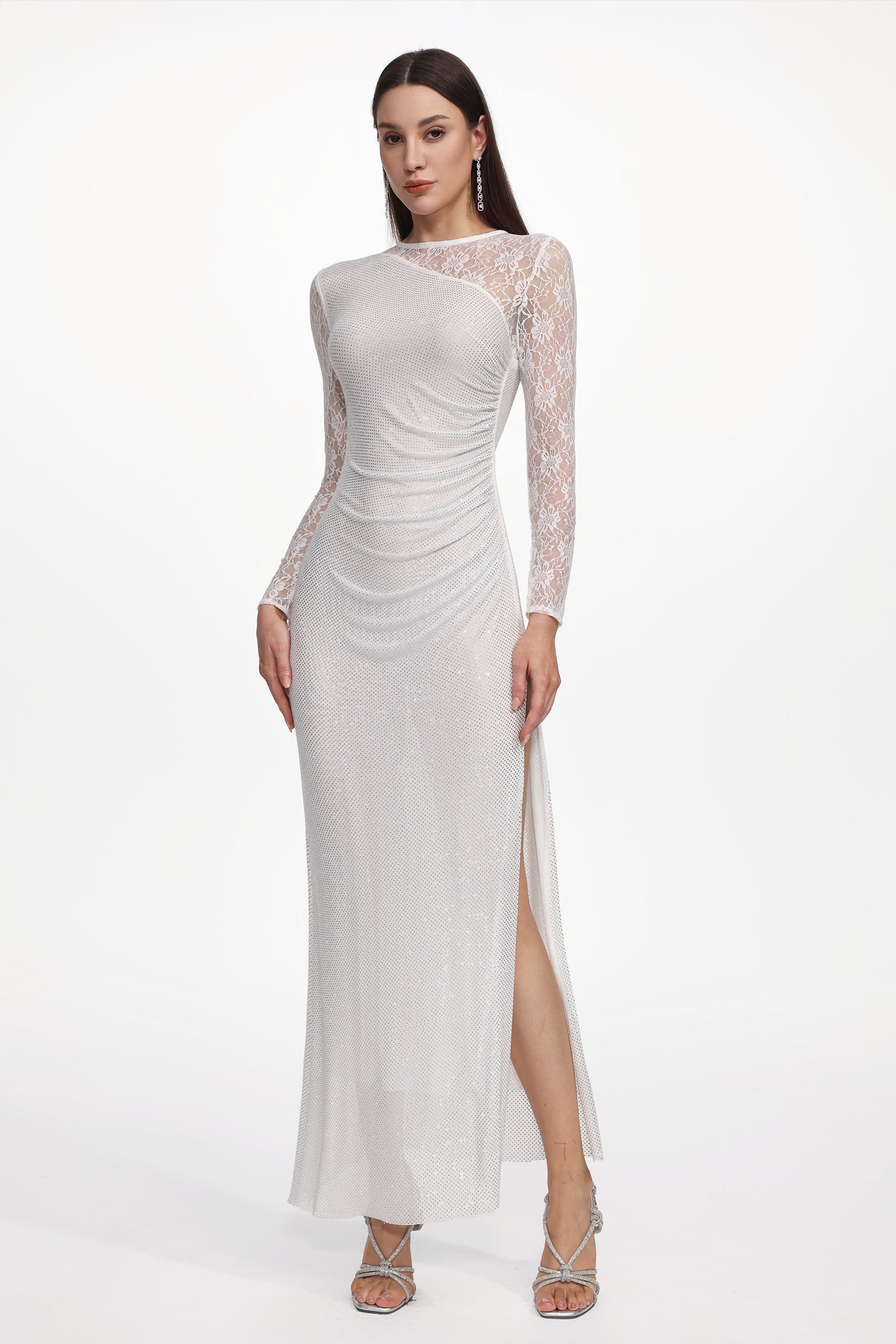 Uabeza Elegant Contour Long Sleeve Ruched Crystal Lace White Maxi Dress	