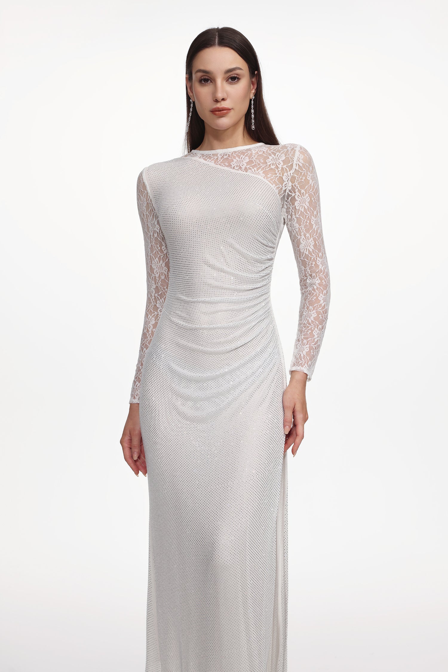 Uabeza Elegant Contour Long Sleeve Ruched Crystal Lace White Maxi Dress	