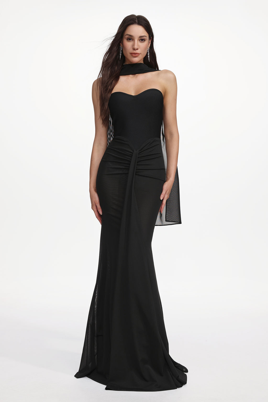 Lucifa Elegant Contour Strapless Scarf Ruched Bandage Maxi Dress	