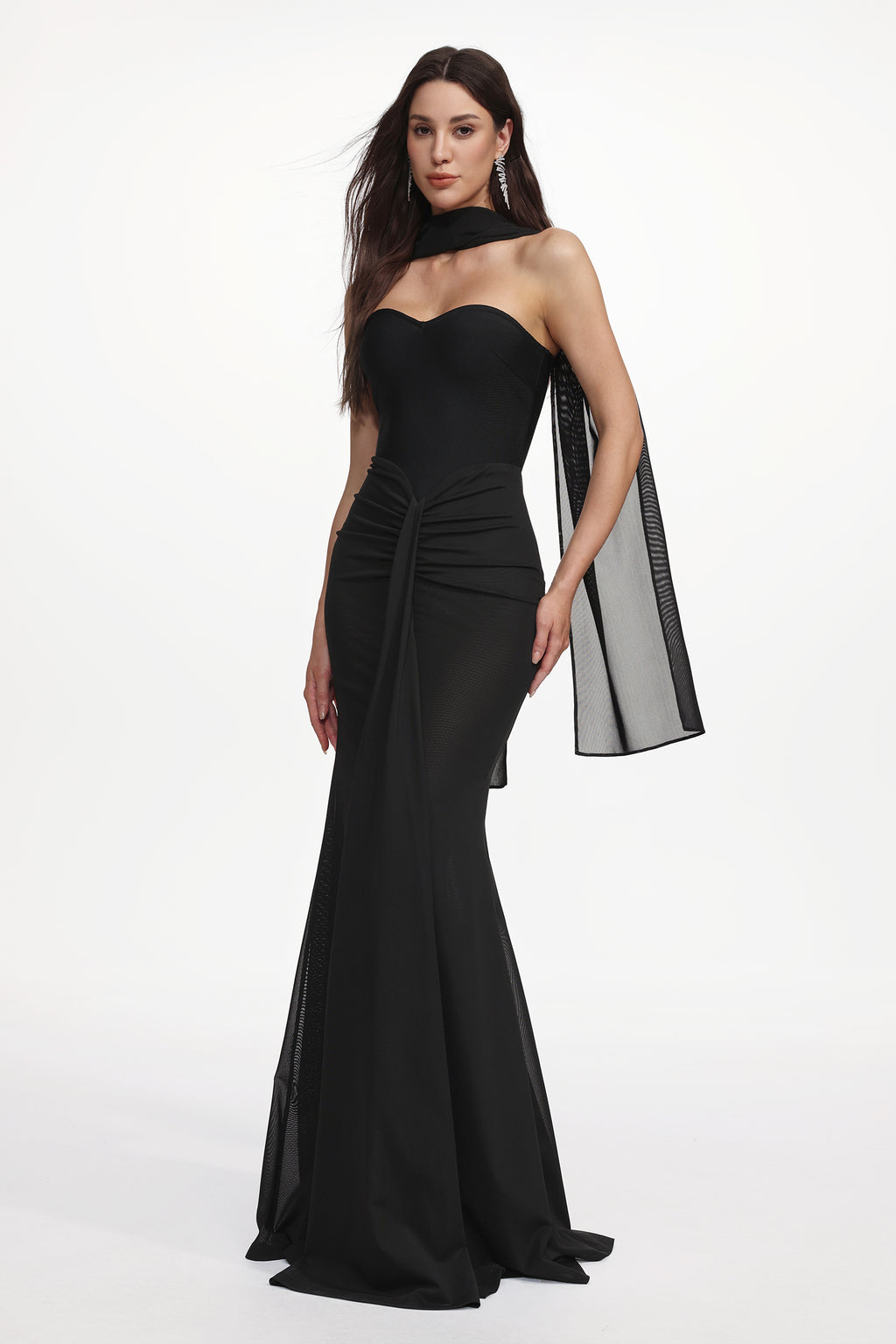 Lucifa Elegant Contour Strapless Scarf Ruched Bandage Maxi Dress	