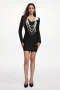 Whitley Elegant Contour Long Sleeve Pearl Chain Floral Bandage Mini Dress	