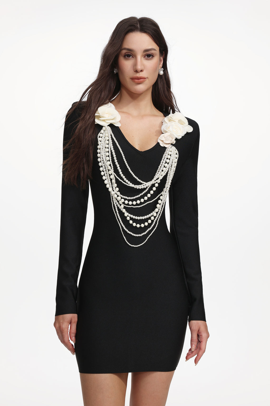 Whitley Elegant Contour Long Sleeve Pearl Chain Floral Bandage Mini Dress	