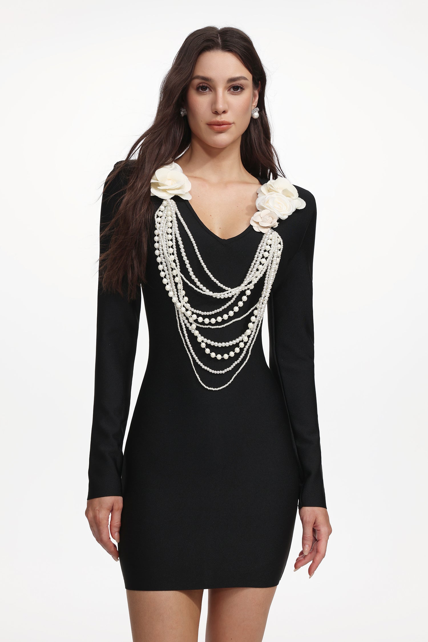 Whitley Elegant Contour Long Sleeve Pearl Chain Floral Bandage Mini Dress	