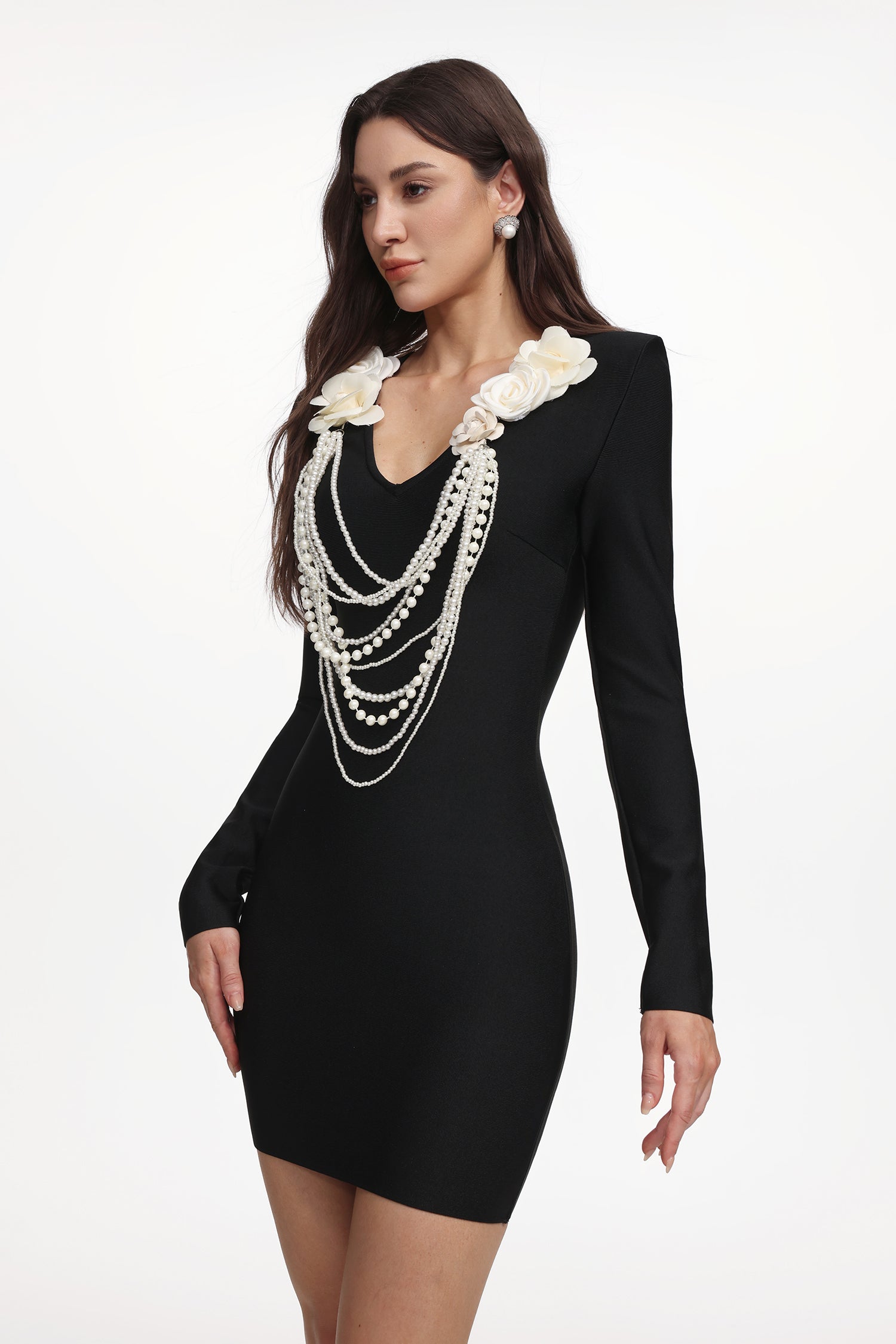 Whitley Elegant Contour Long Sleeve Pearl Chain Floral Bandage Mini Dress	