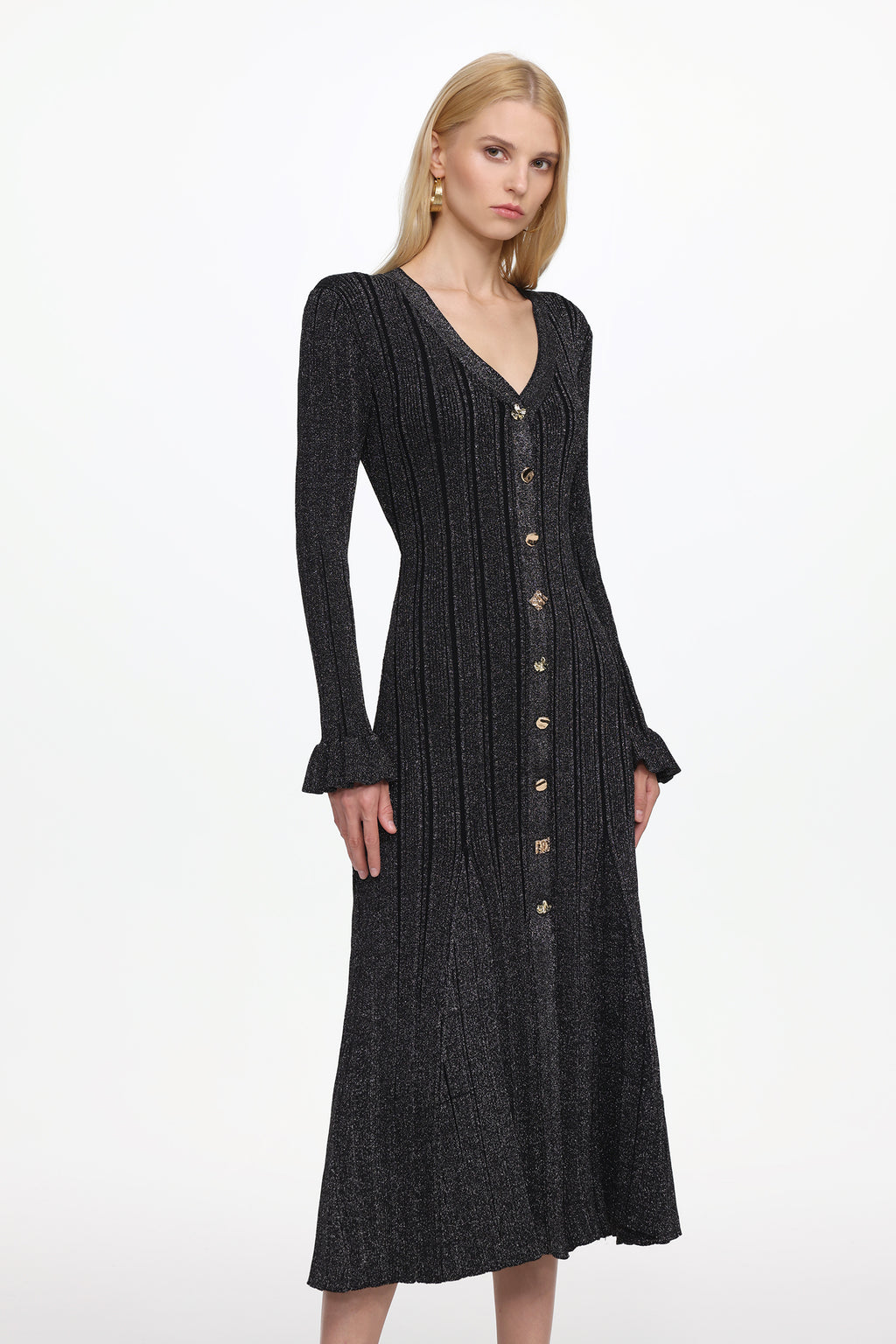Verga Classic Contour Long Sleeve Button Front Knit Maxi Dress	