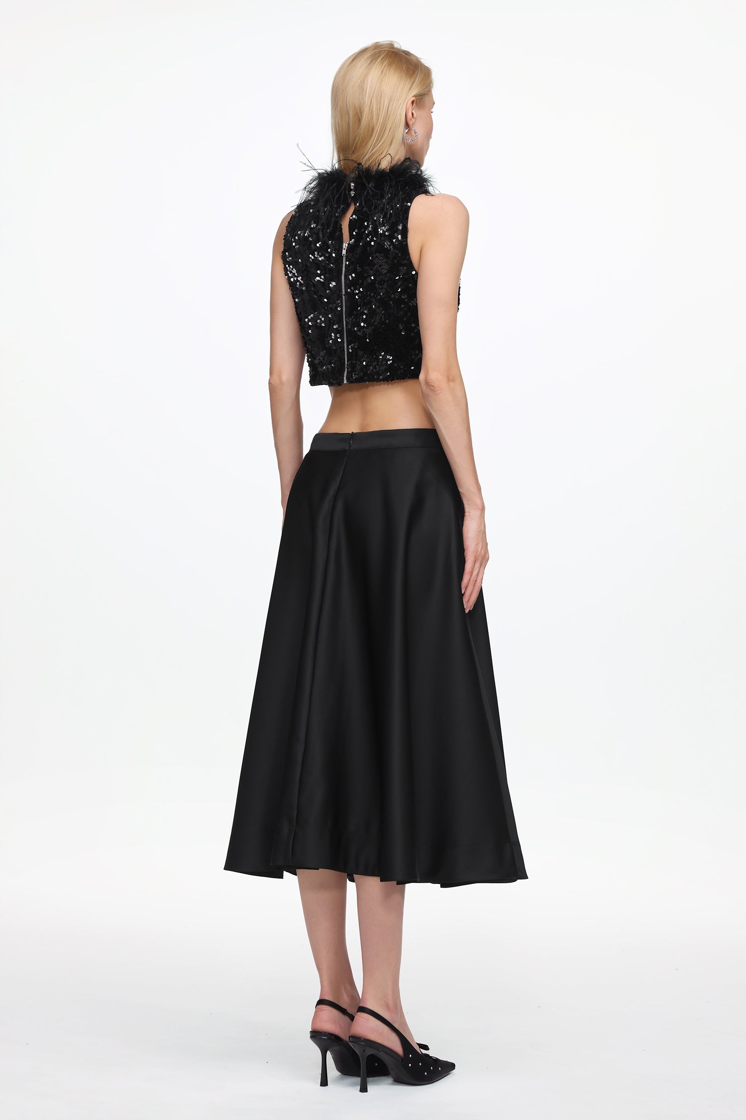 Chic Contonur Sleeveless Feather Sequin Velvet Top and Satin Skirt Set	