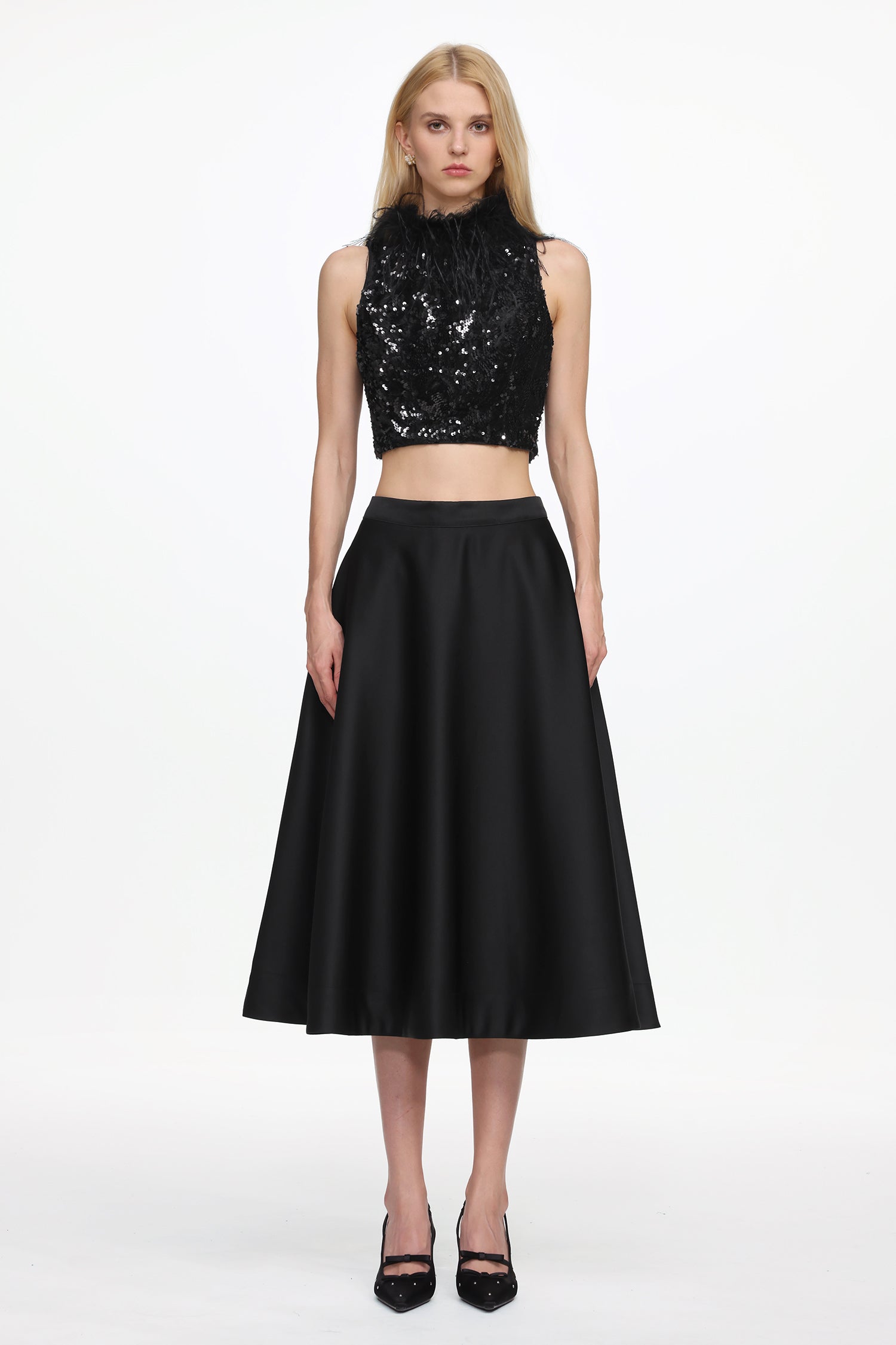 Chic Contonur Sleeveless Feather Sequin Velvet Top and Satin Skirt Set	
