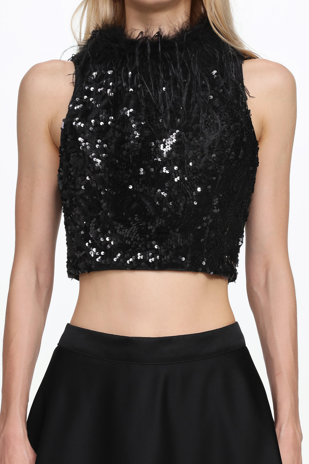 Chic Contonur Sleeveless Feather Sequin Velvet Top and Satin Skirt Set	