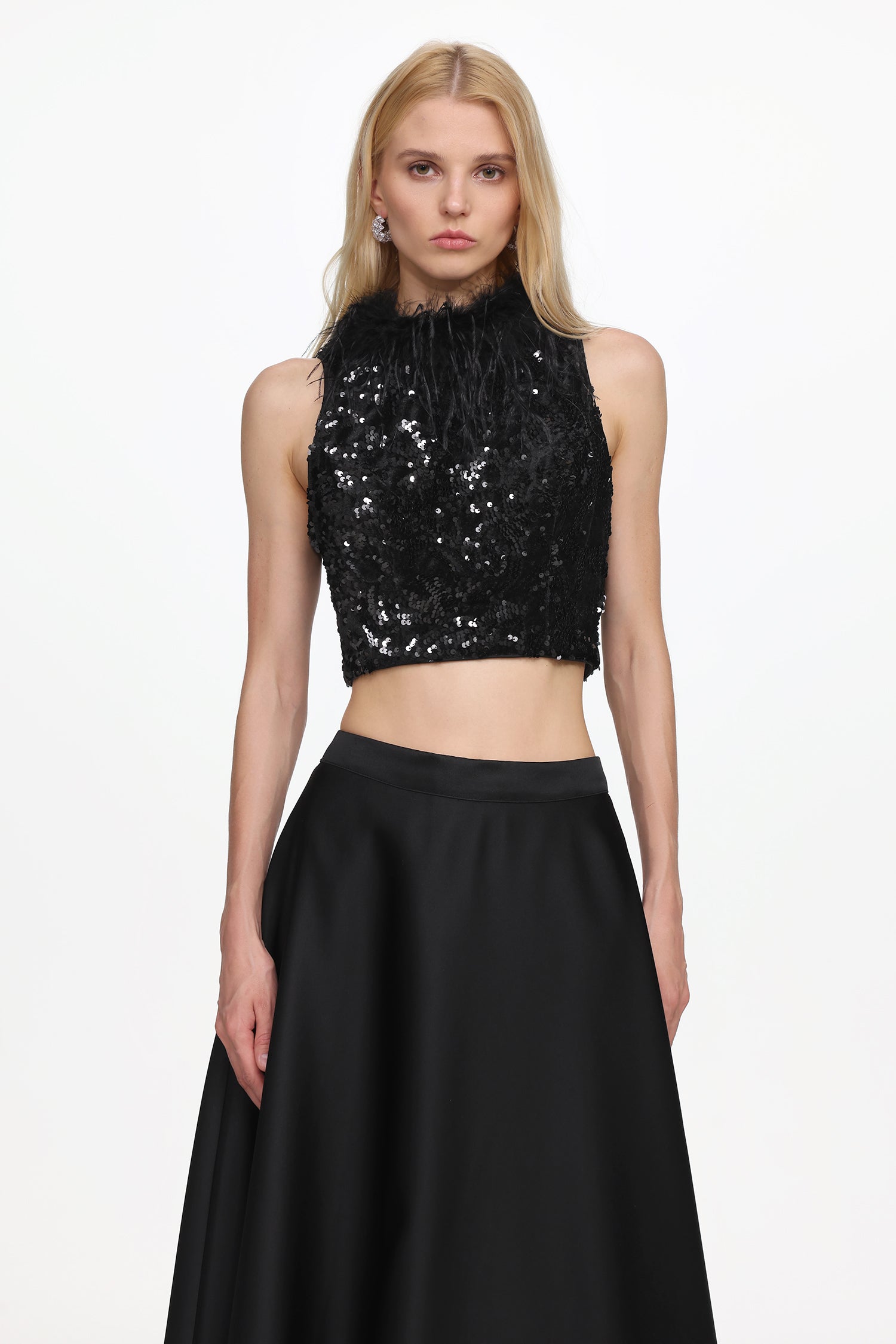 Chic Contonur Sleeveless Feather Sequin Velvet Top and Satin Skirt Set	