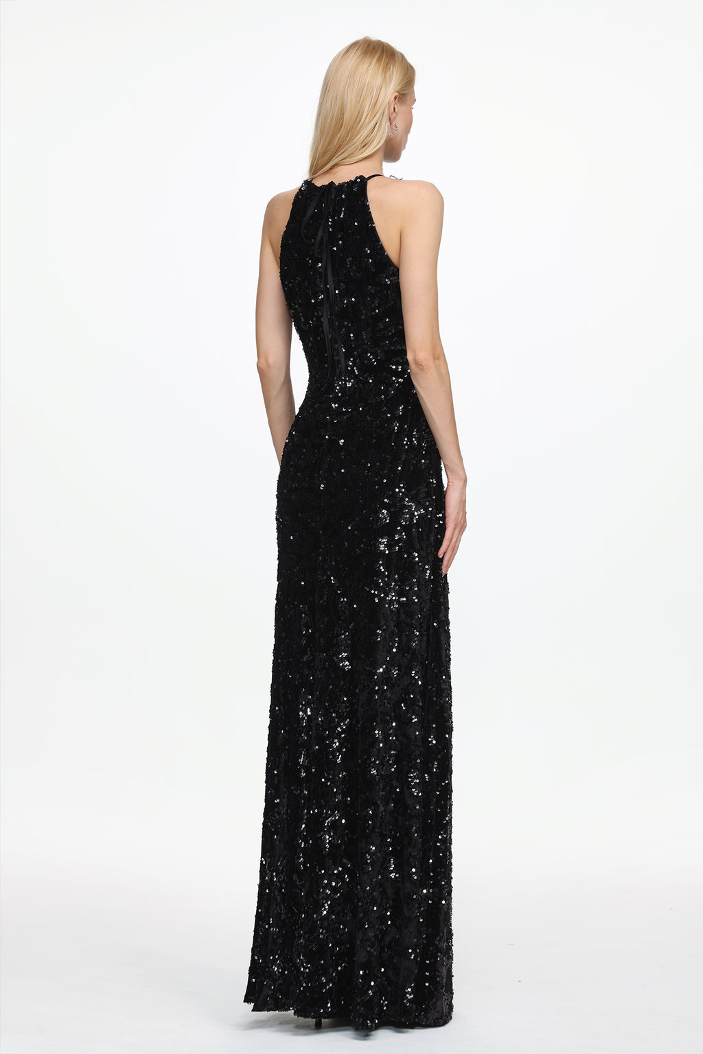 Glamorous Contour Sleeveless Feather Sequin High Slit Velvet Maxi Dress	