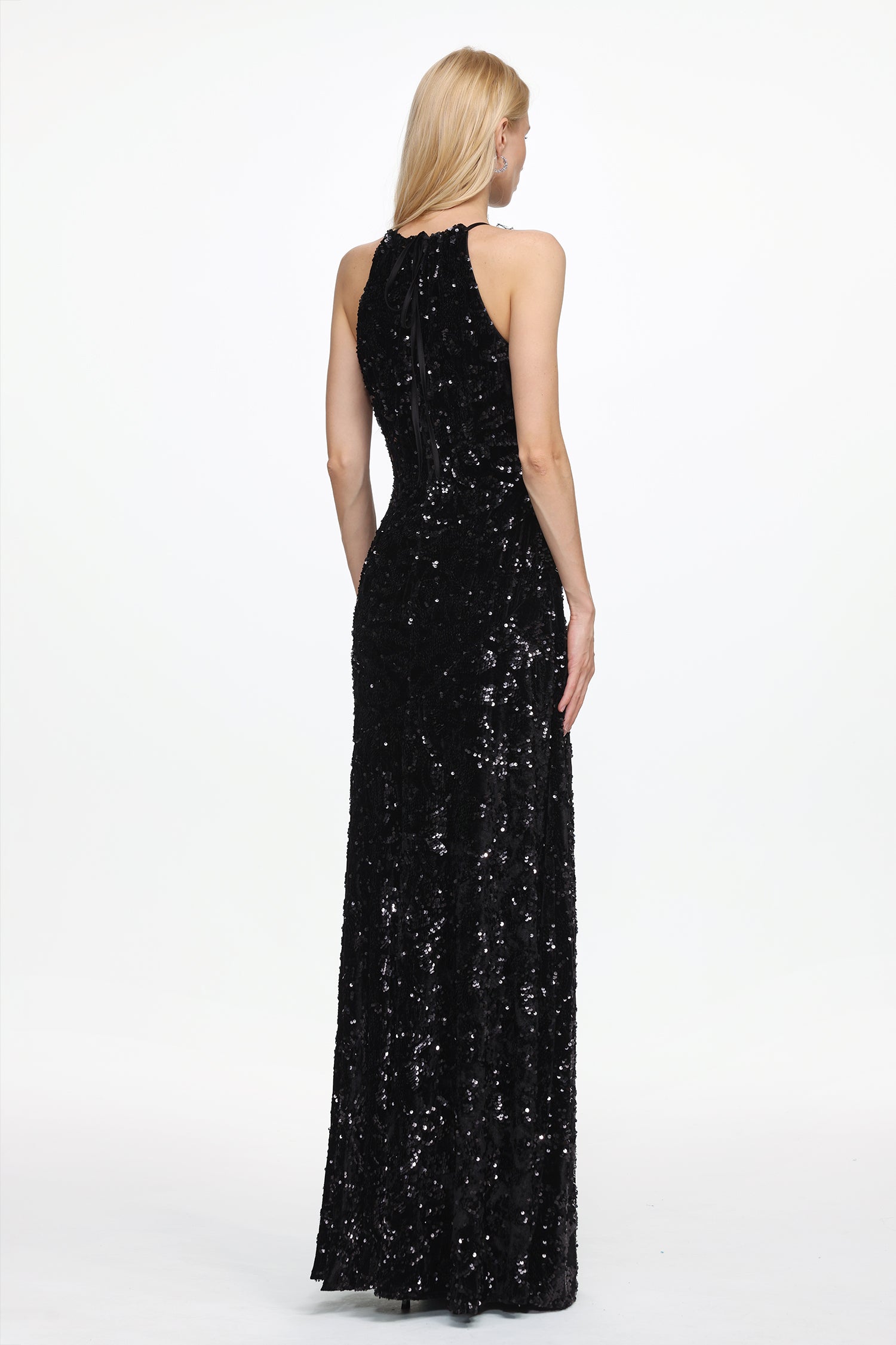 Glamorous Contour Sleeveless Feather Sequin High Slit Velvet Maxi Dress	