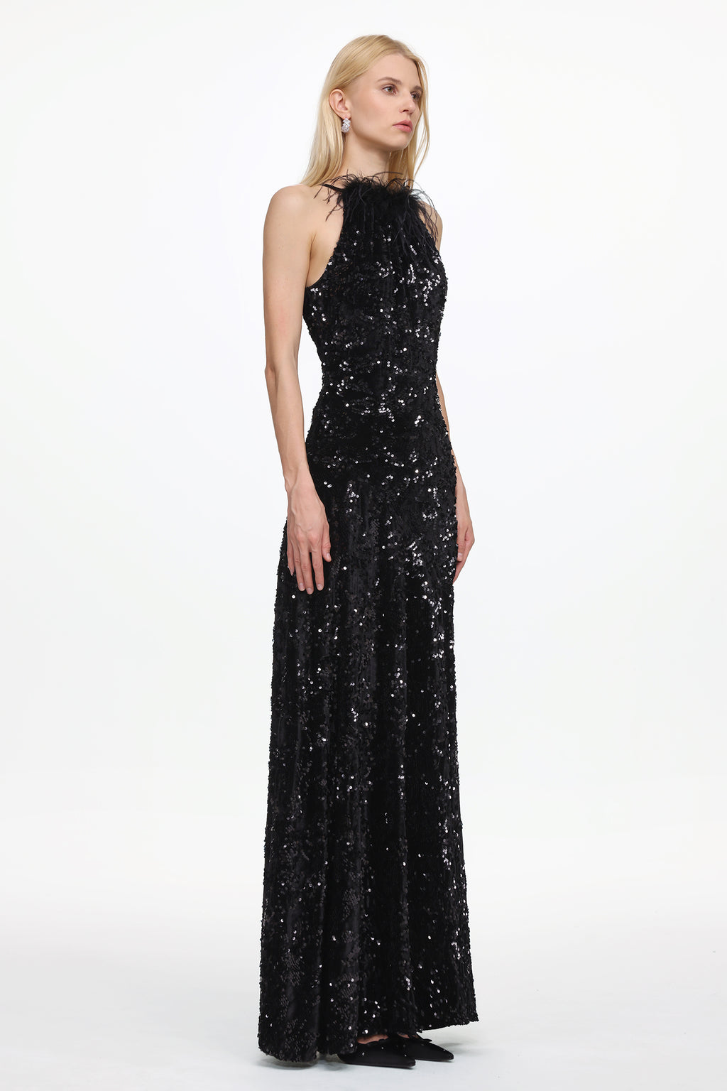 Glamorous Contour Sleeveless Feather Sequin High Slit Velvet Maxi Dress	