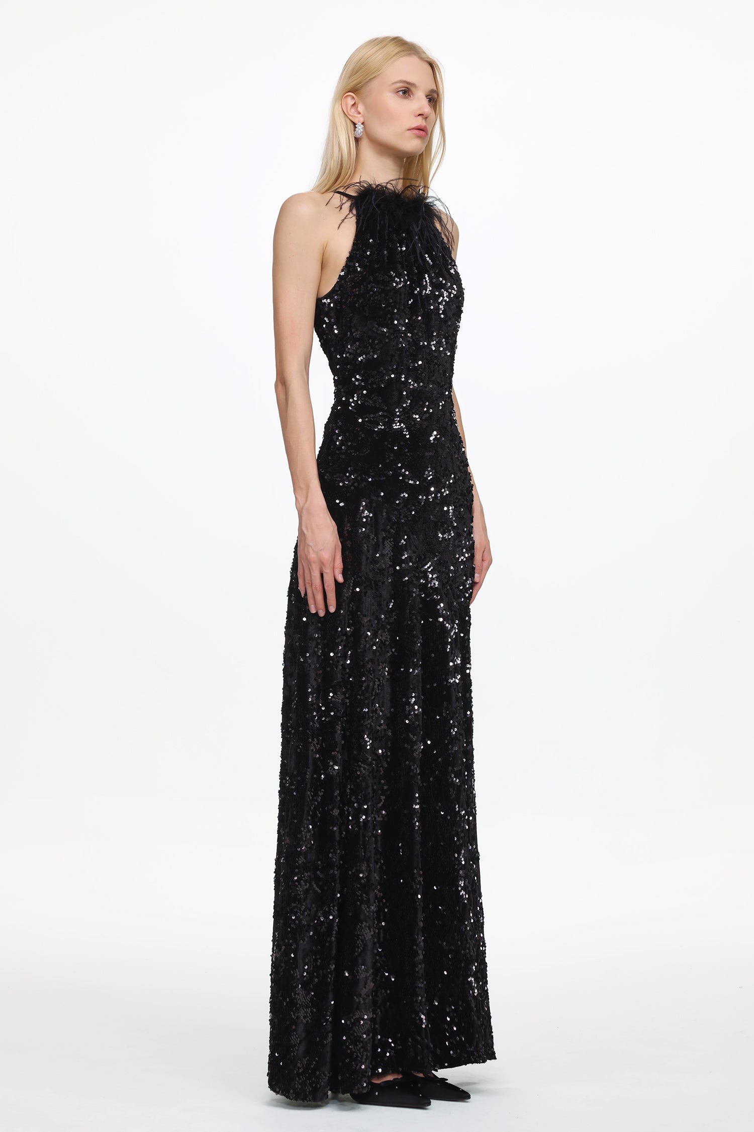 Glamorous Contour Sleeveless Feather Sequin High Slit Velvet Maxi Dress	