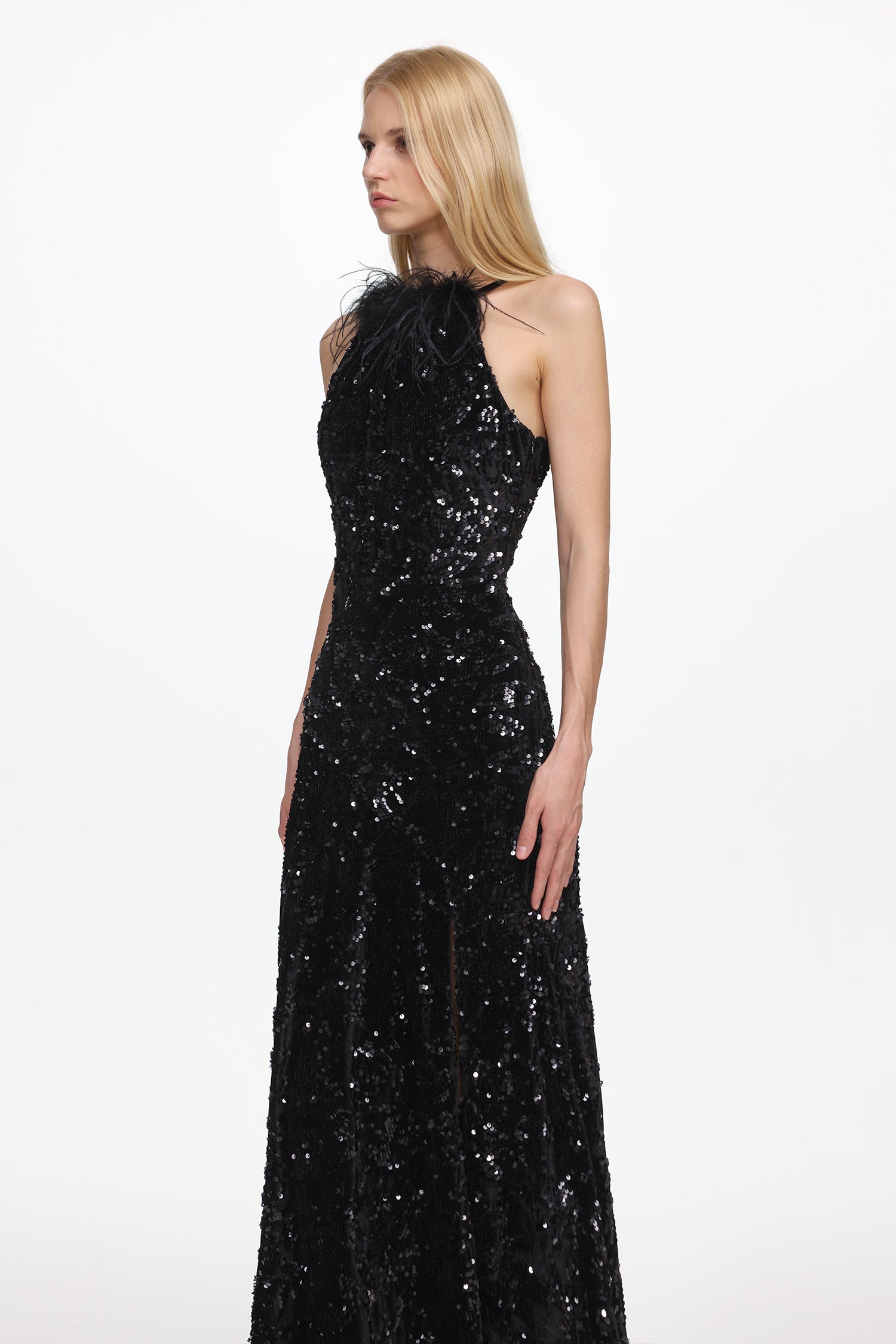 Glamorous Contour Sleeveless Feather Sequin High Slit Velvet Maxi Dress	
