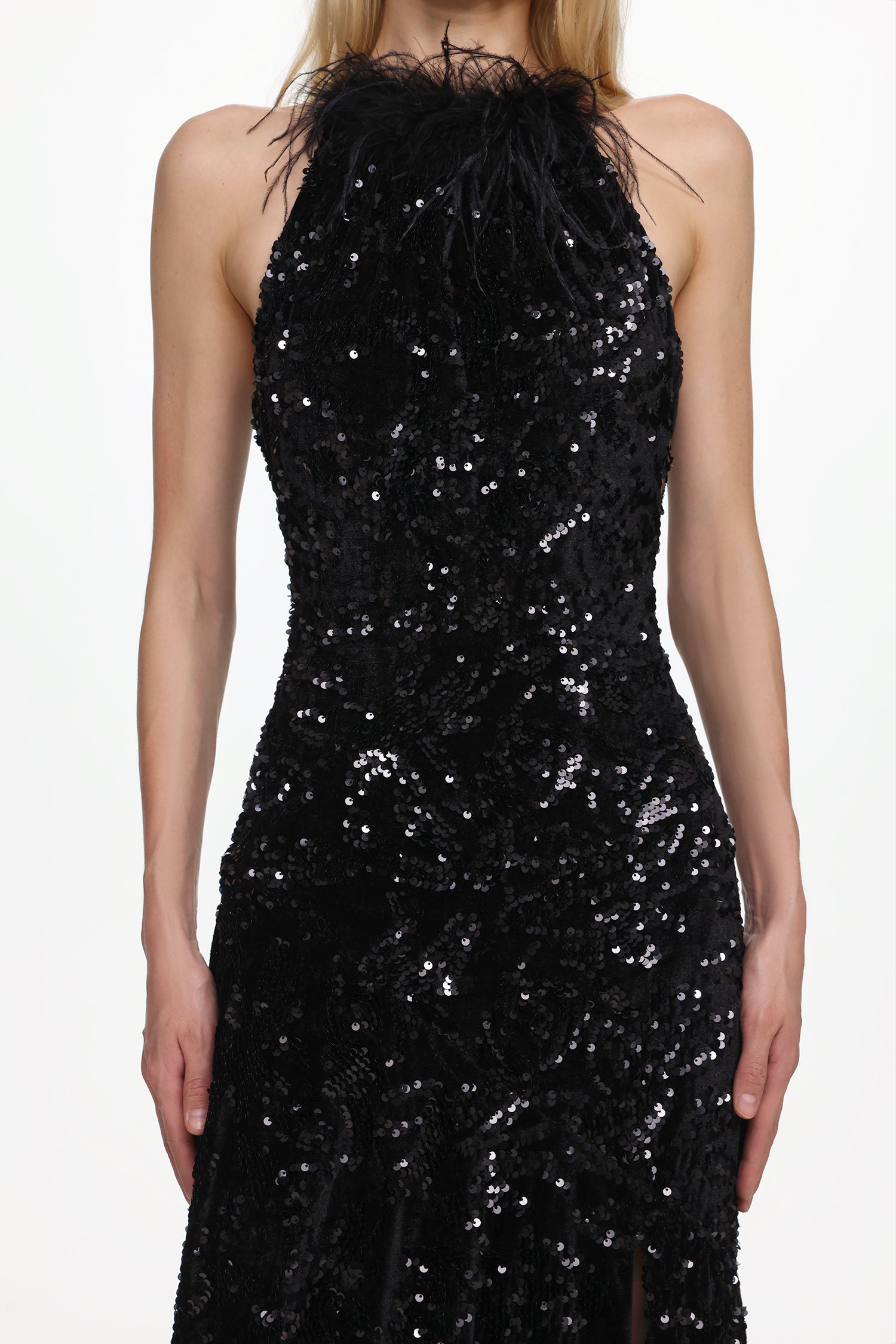 Glamorous Contour Sleeveless Feather Sequin High Slit Velvet Maxi Dress	