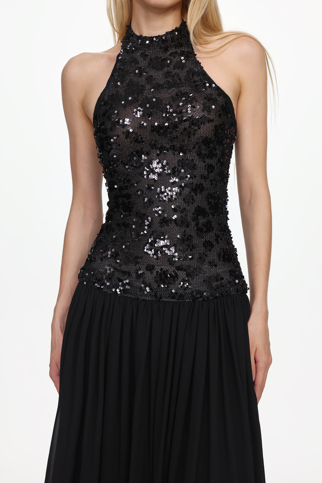 Encho Glamorous Contour Halter Ruched Mesh Sequin Maxi Dress	