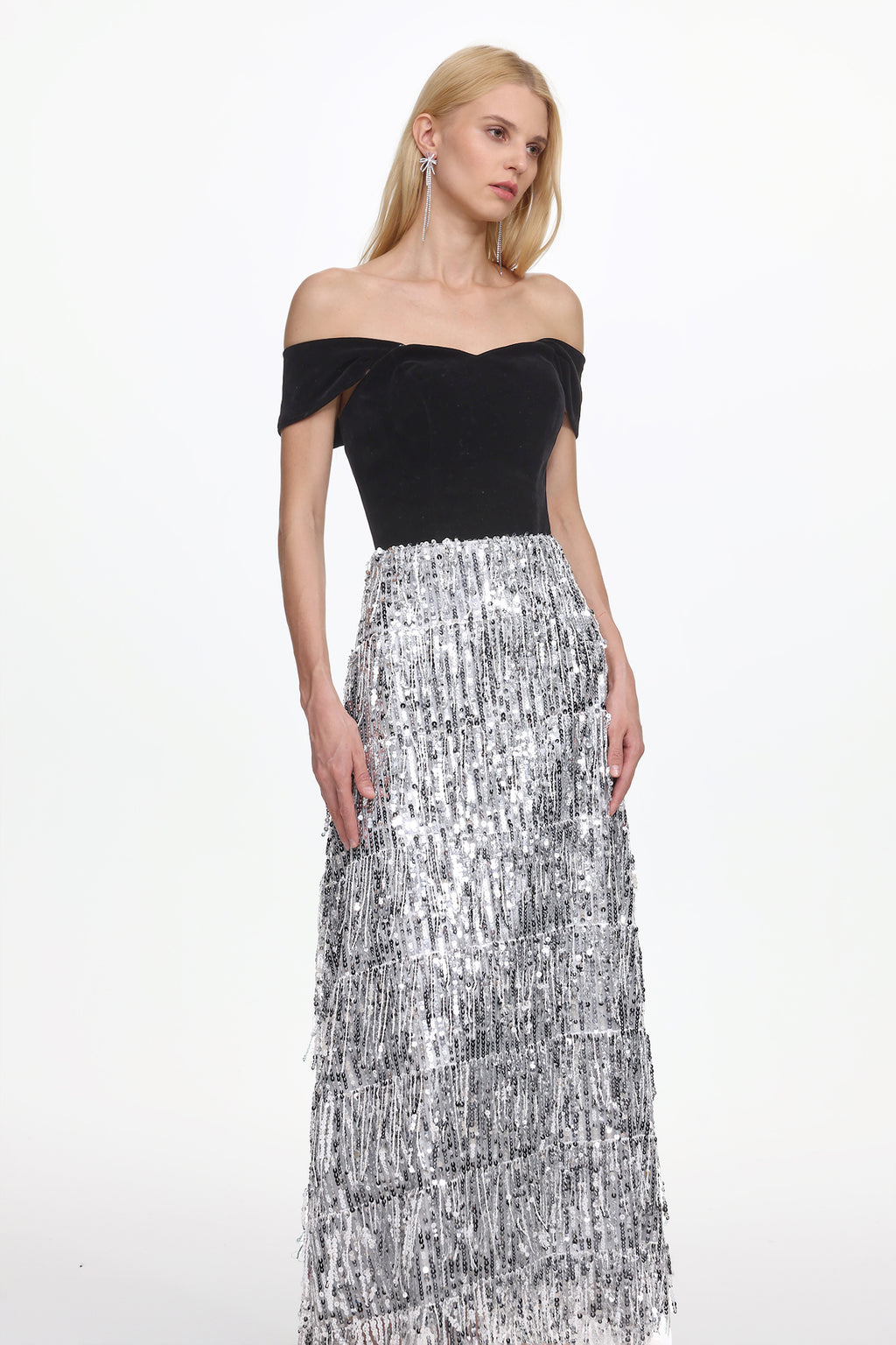 Merrit Glamorous Contour Off Shoulder Fringe Velvet Maxi Dress	