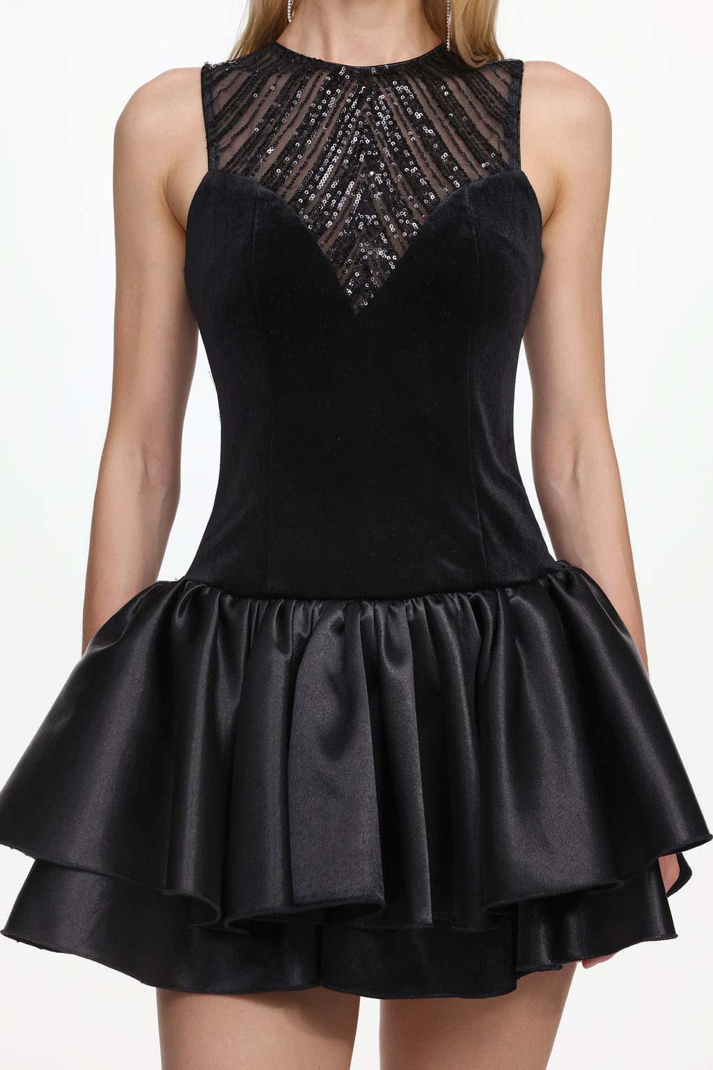 Sareza Chic Contour Deep V Sleeveless Sequin Mini Dress	