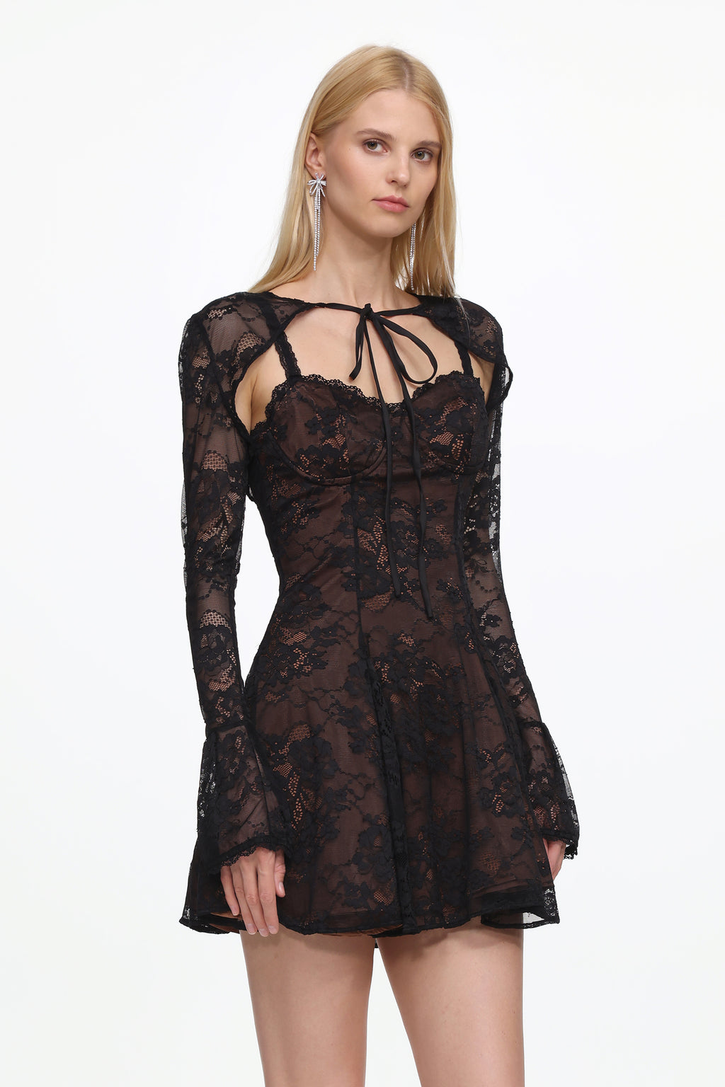 Kiera Romantic Flowy Long Sleeve Lace Mini Dress	