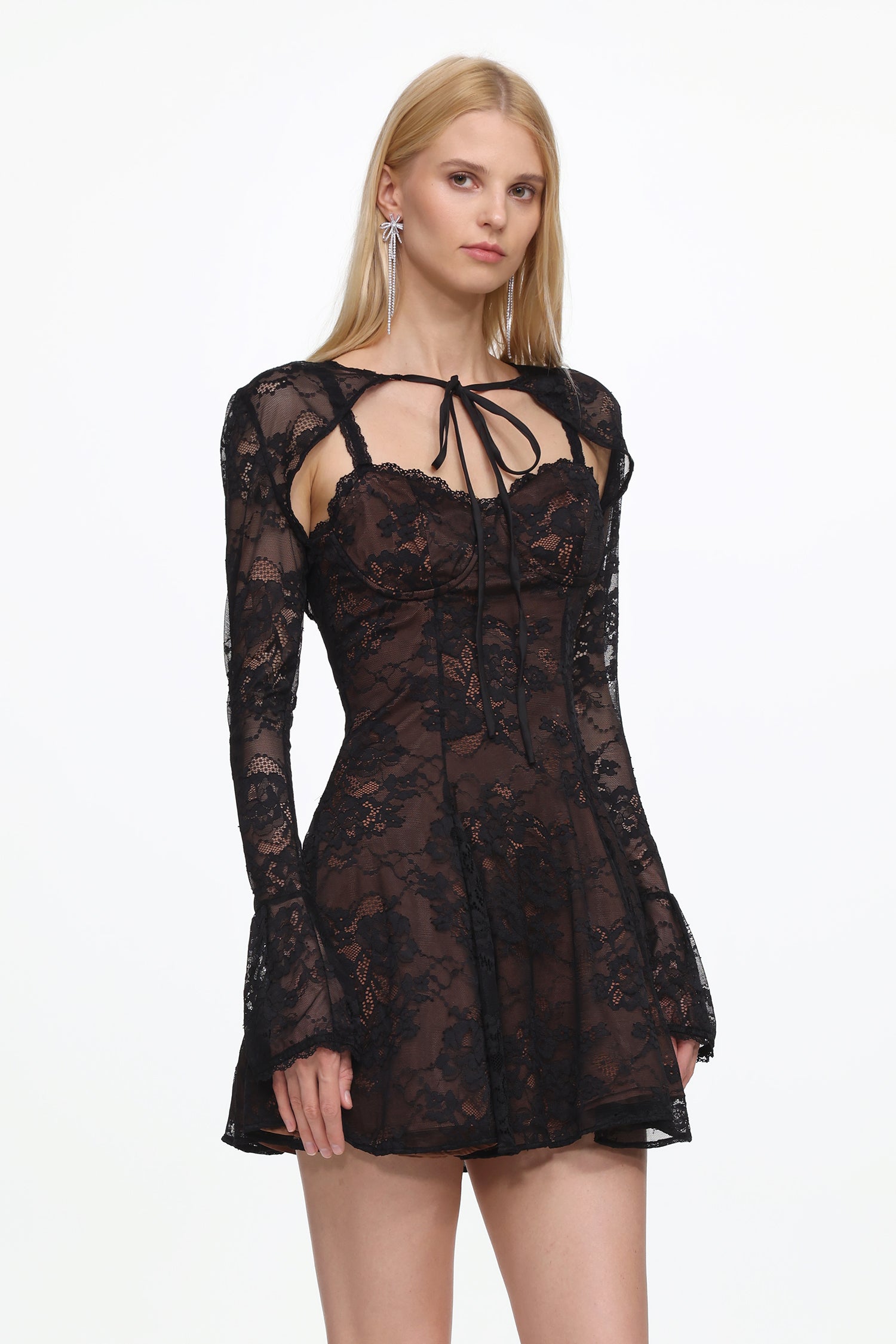 Kiera Romantic Flowy Long Sleeve Lace Mini Dress	