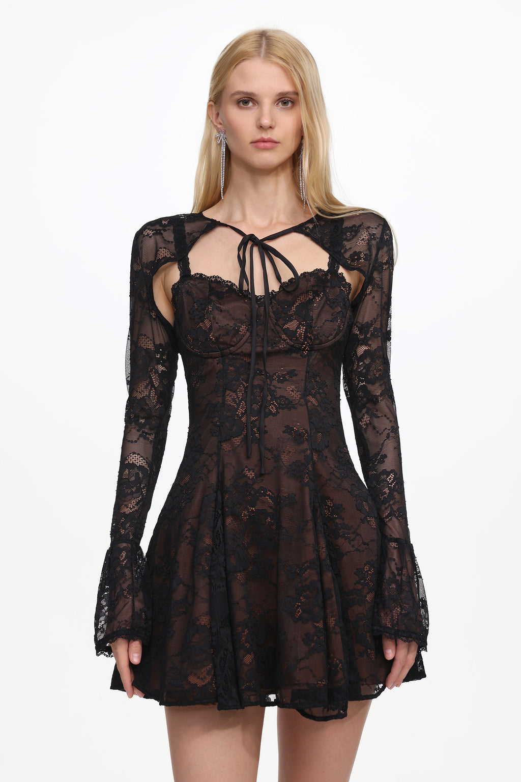 Kiera Romantic Flowy Long Sleeve Lace Mini Dress	
