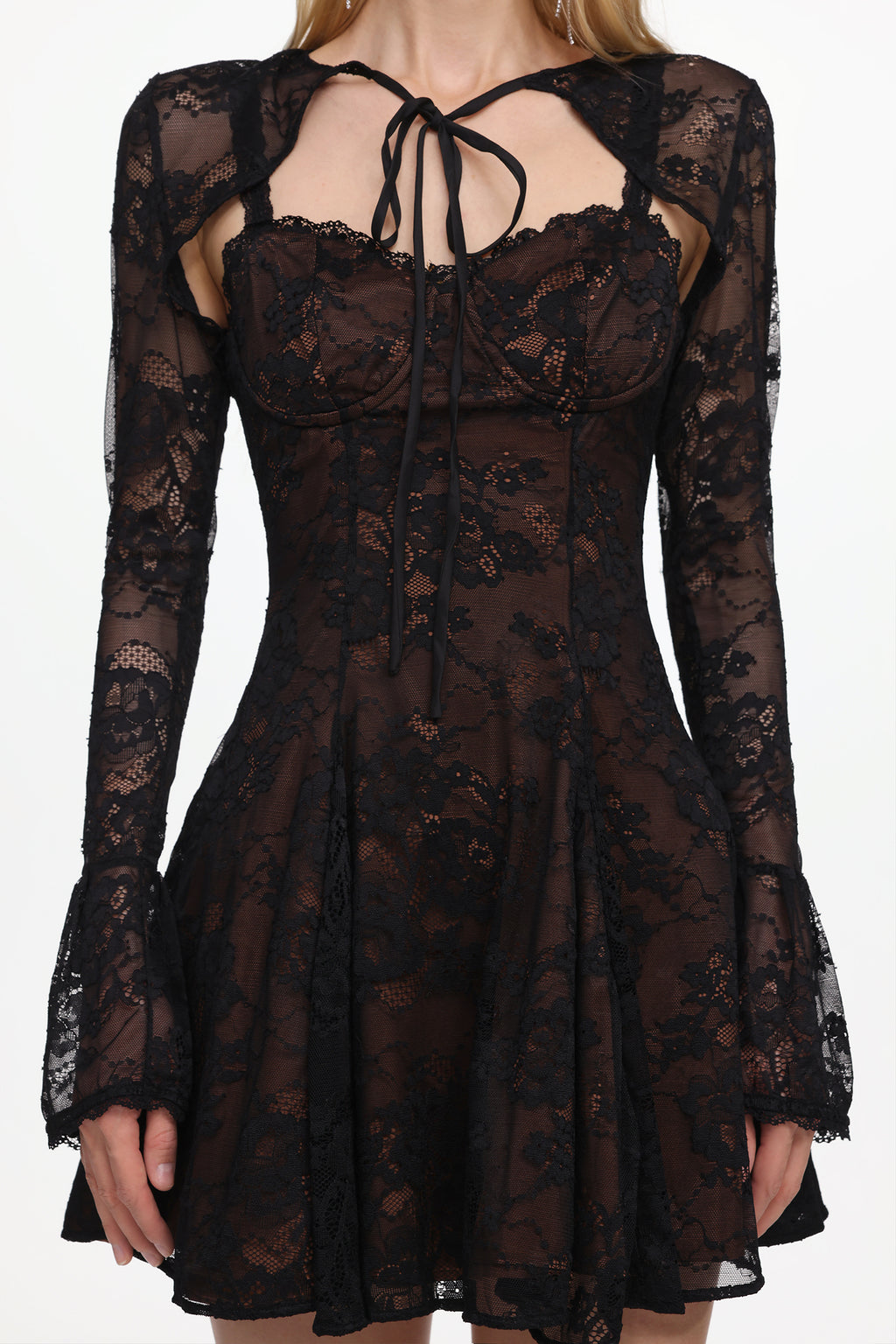 Kiera Romantic Flowy Long Sleeve Lace Mini Dress	