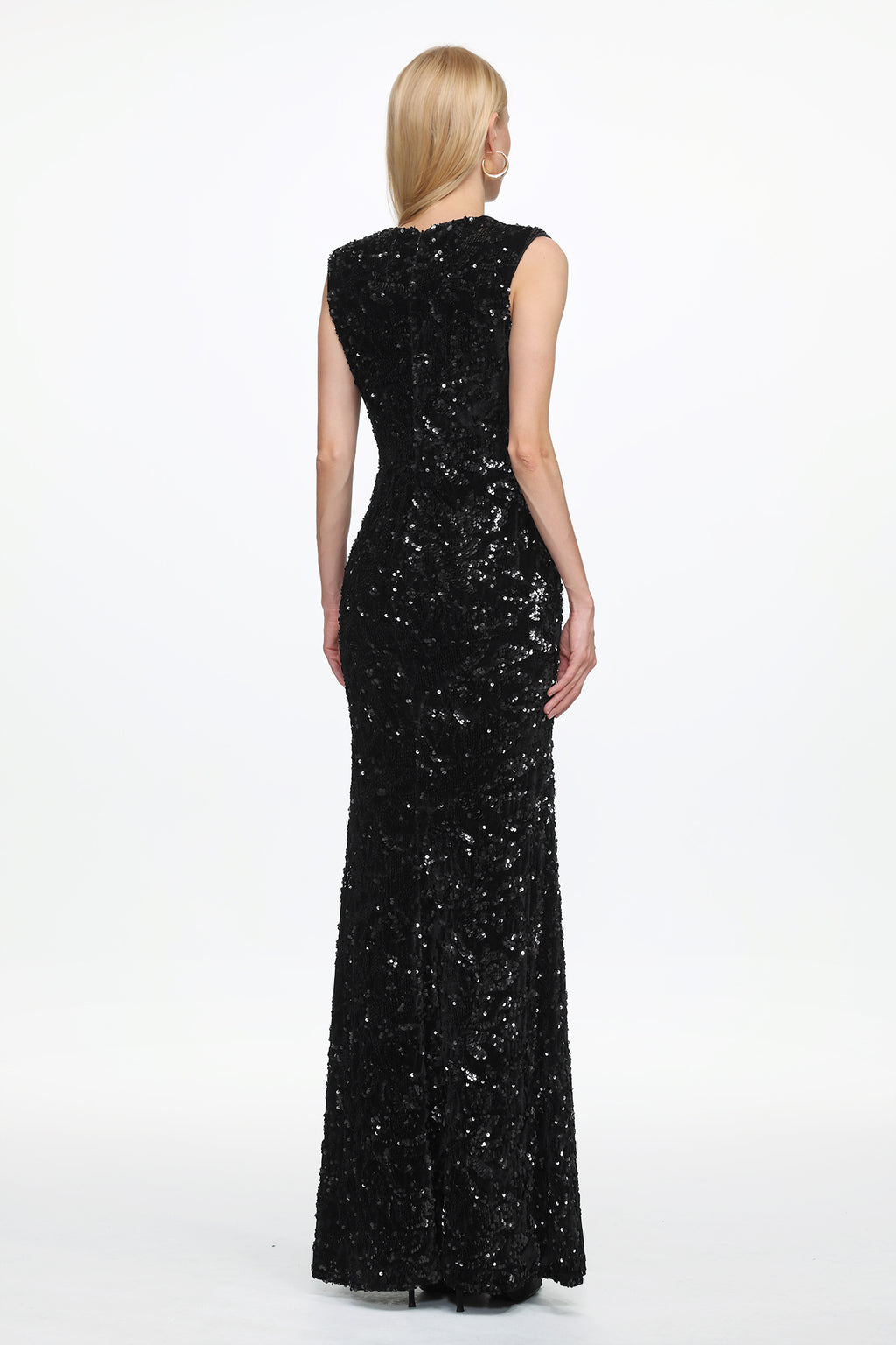 Chic Contour Sleeveless Deep V Metal Buckle Sequin Velvet Maxi Dress	