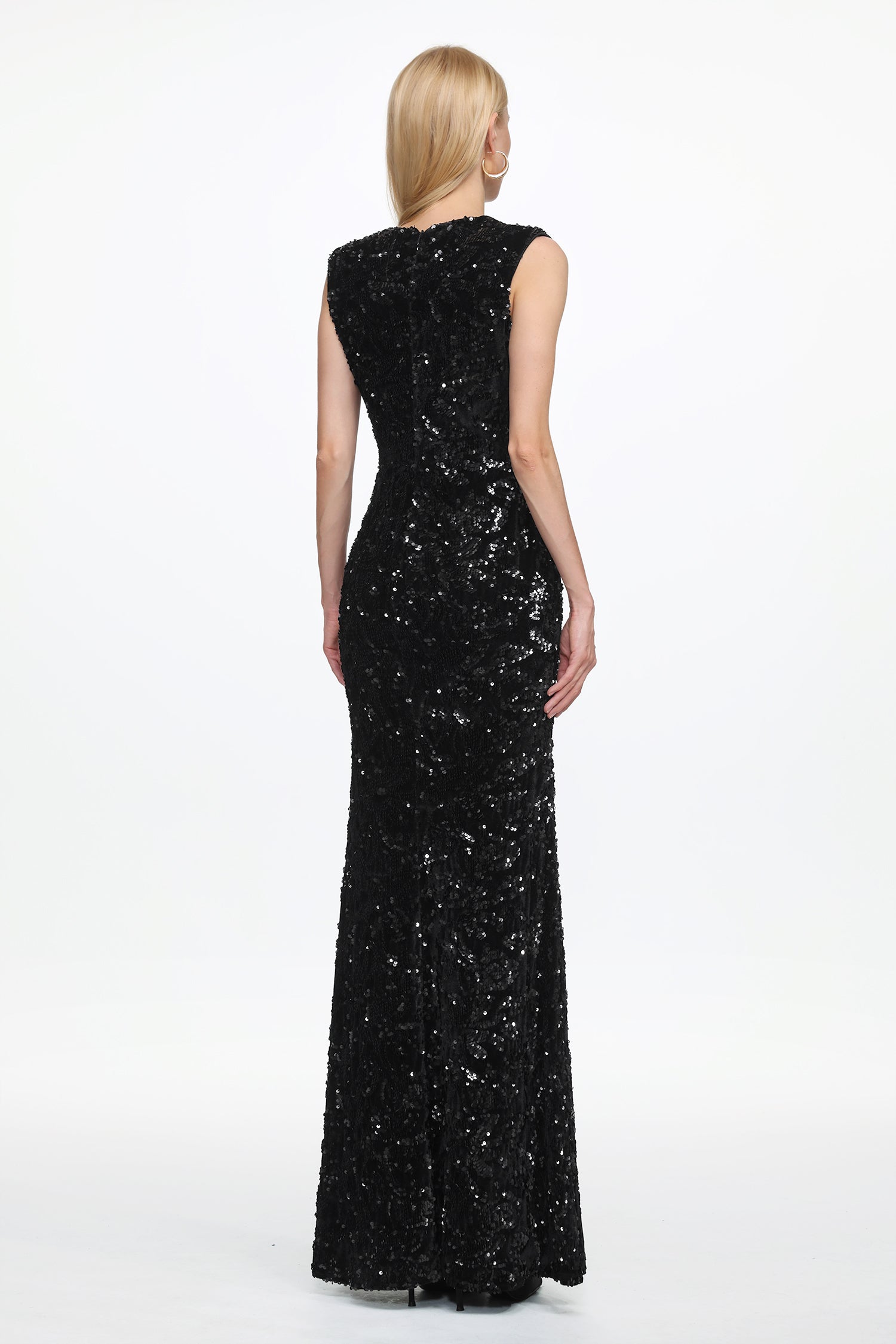 Chic Contour Sleeveless Deep V Metal Buckle Sequin Velvet Maxi Dress	