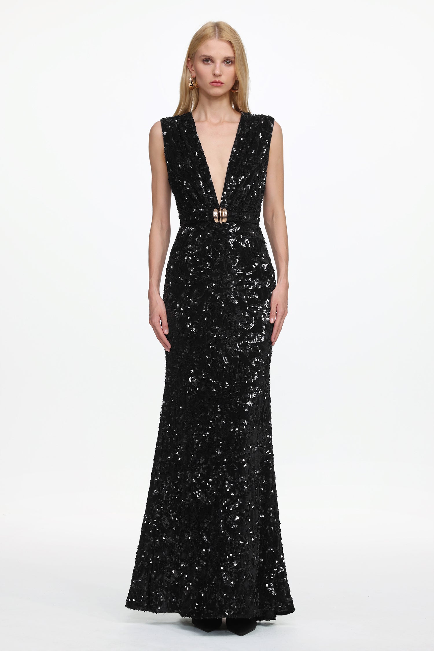 Chic Contour Sleeveless Deep V Metal Buckle Sequin Velvet Maxi Dress	