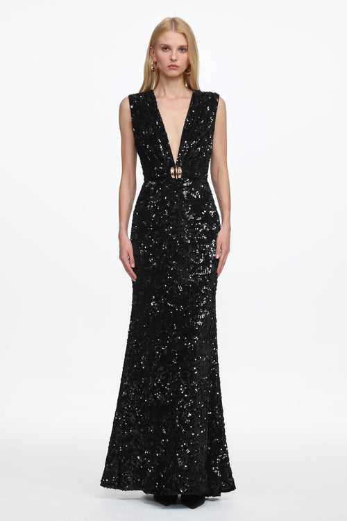 Chic Contour Sleeveless Deep V Metal Buckle Sequin Velvet Maxi Dress	