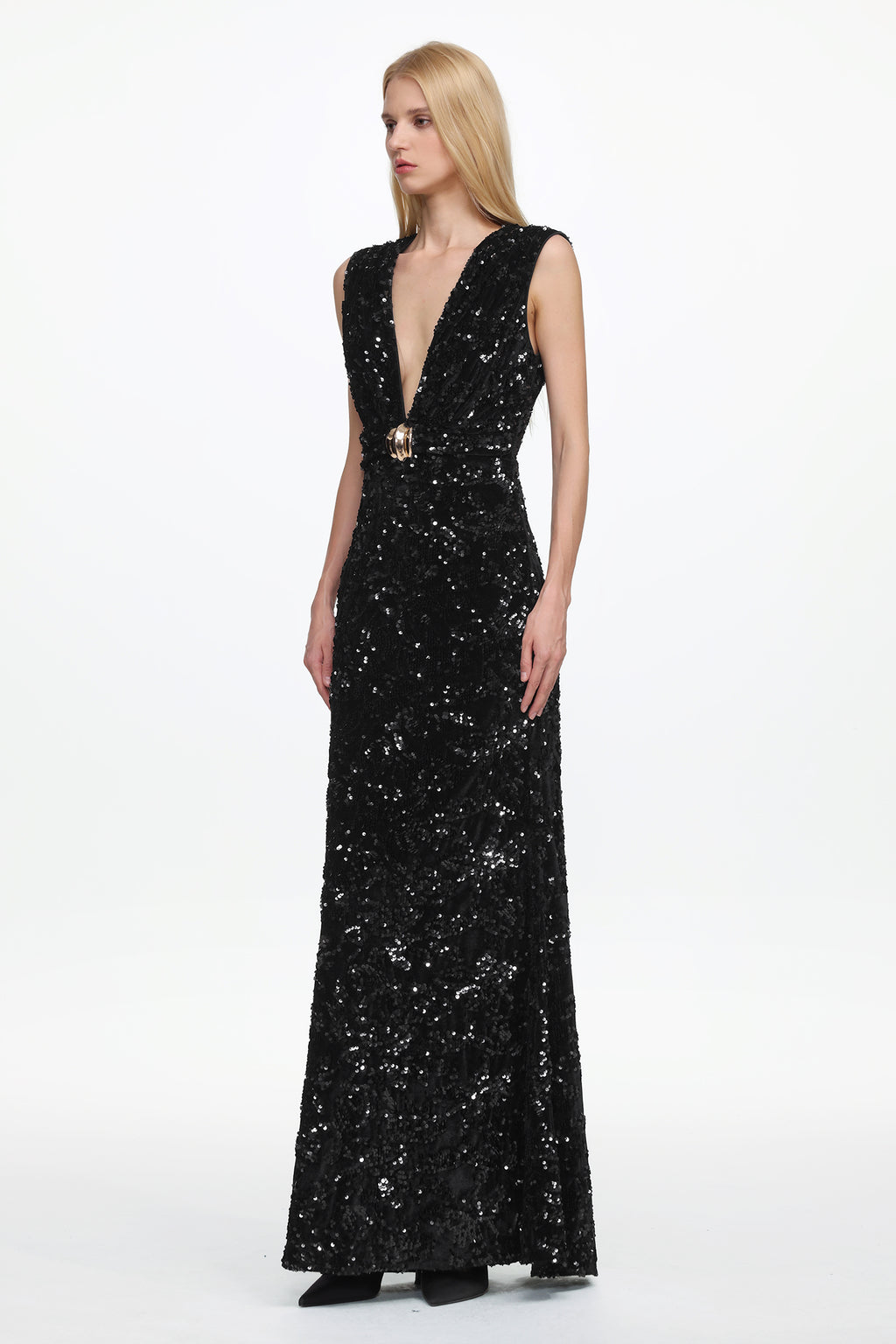 Chic Contour Sleeveless Deep V Metal Buckle Sequin Velvet Maxi Dress	