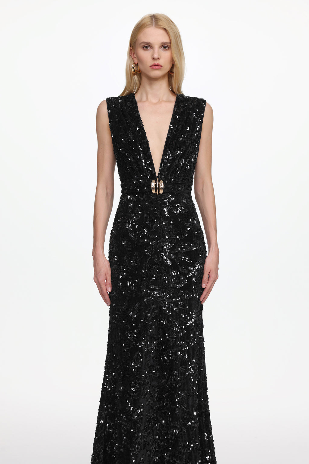 Chic Contour Sleeveless Deep V Metal Buckle Sequin Velvet Maxi Dress	
