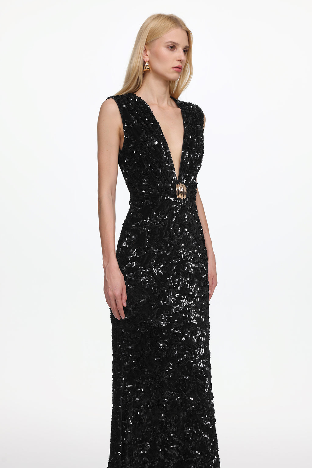 Chic Contour Sleeveless Deep V Metal Buckle Sequin Velvet Maxi Dress	