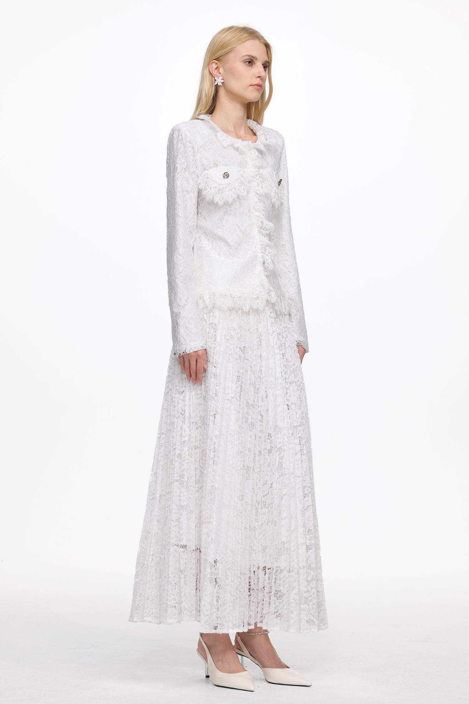 Saga Romantic Tailored Long Sleeve Lace Jacket and Skirt Set	