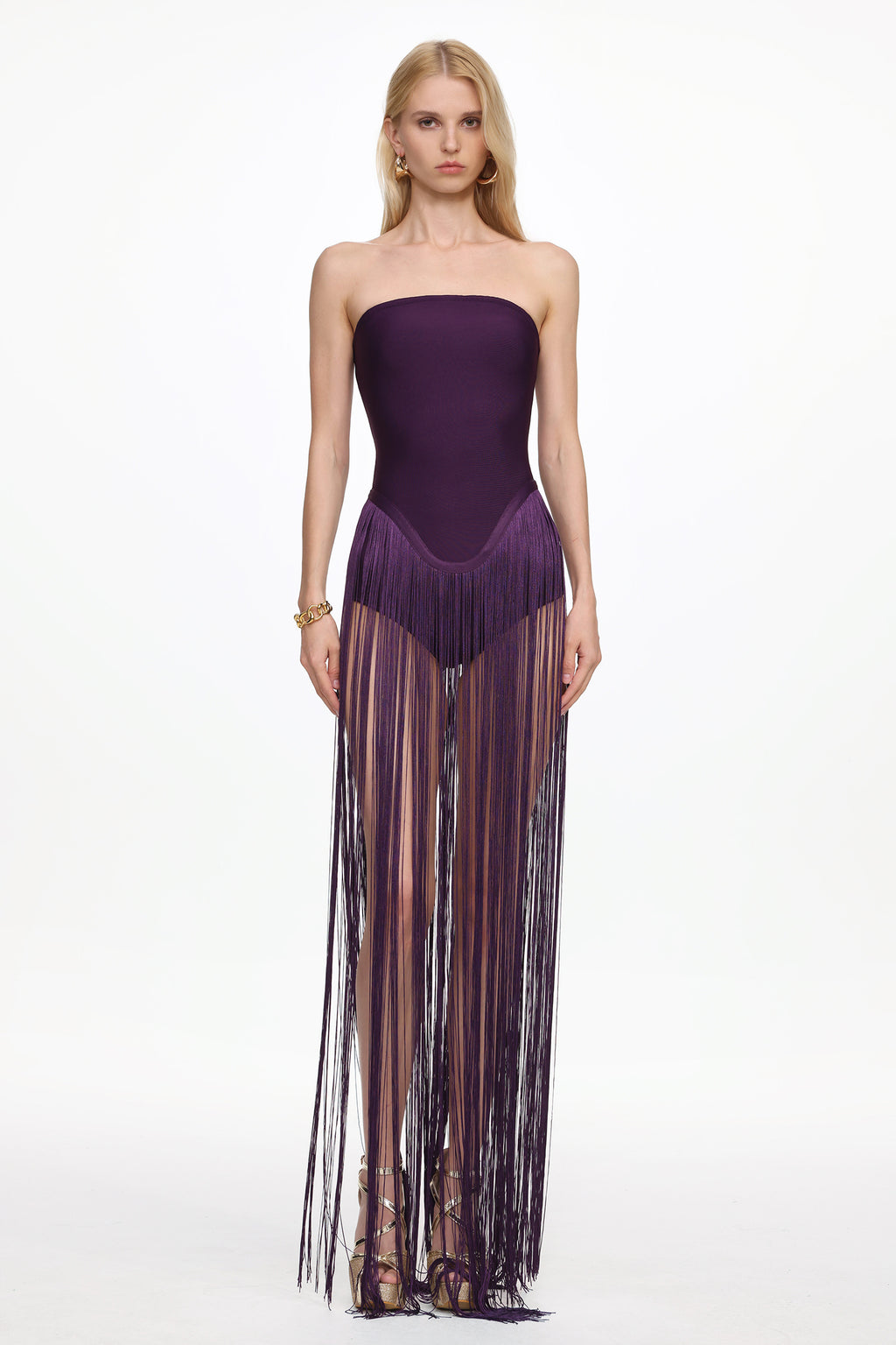Valentina Strapless Purple Fringe Dress	