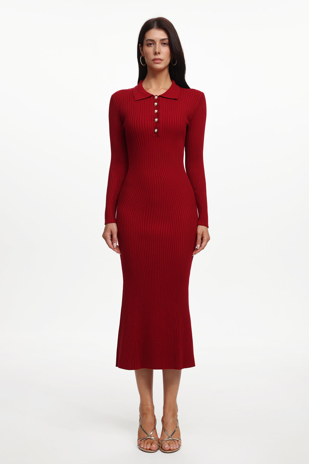 Morwenna Elegant Contour Long Sleeve Pearl Knit Maxi Dress	