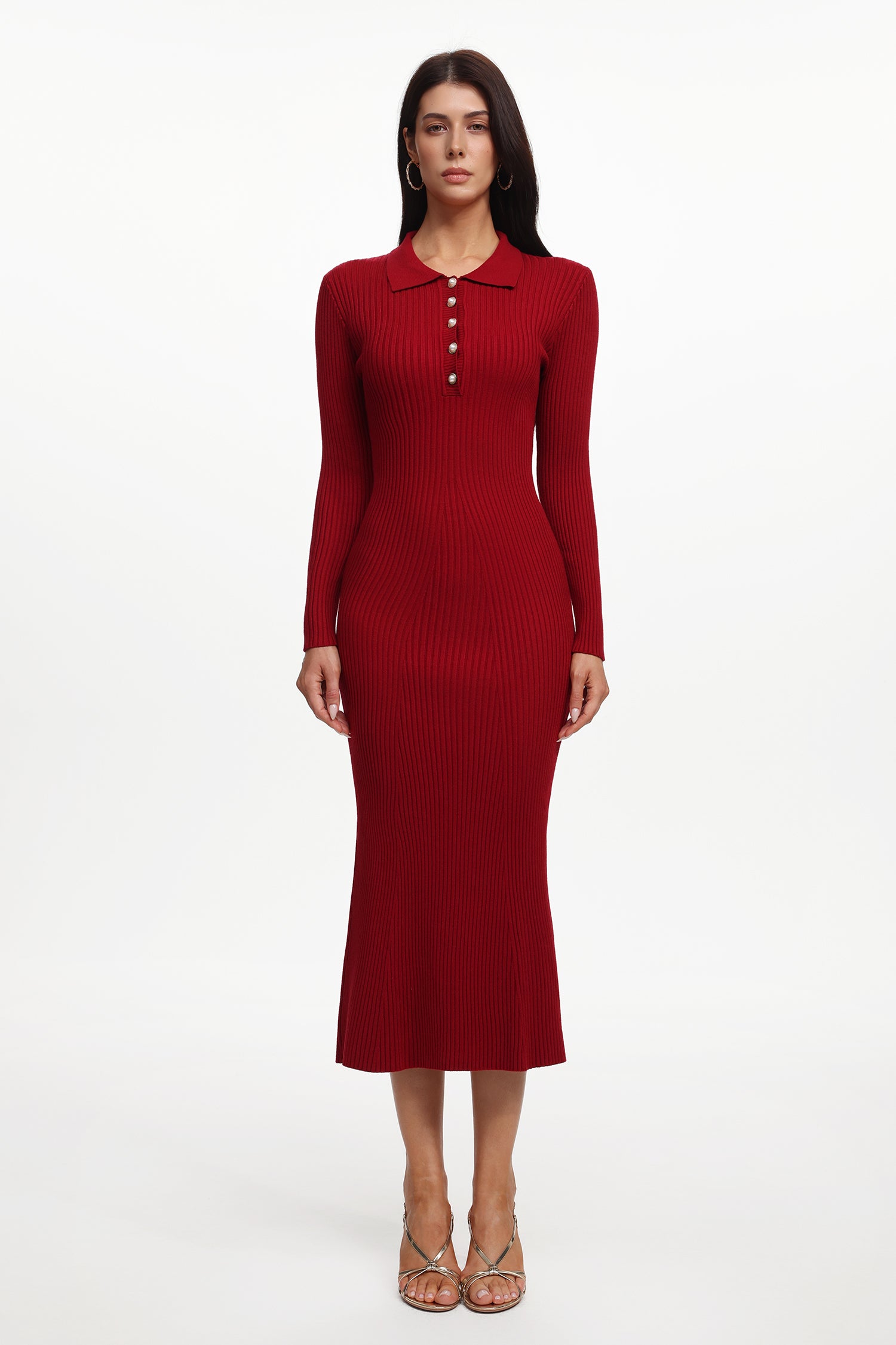 Morwenna Elegant Contour Long Sleeve Pearl Knit Maxi Dress	