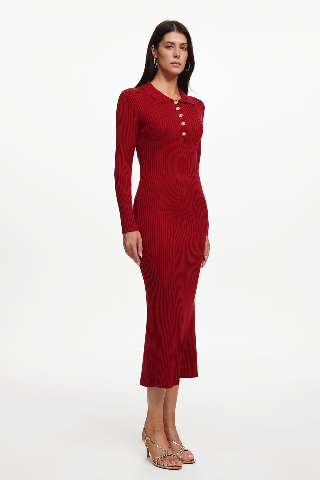 Morwenna Elegant Contour Long Sleeve Pearl Knit Maxi Dress	